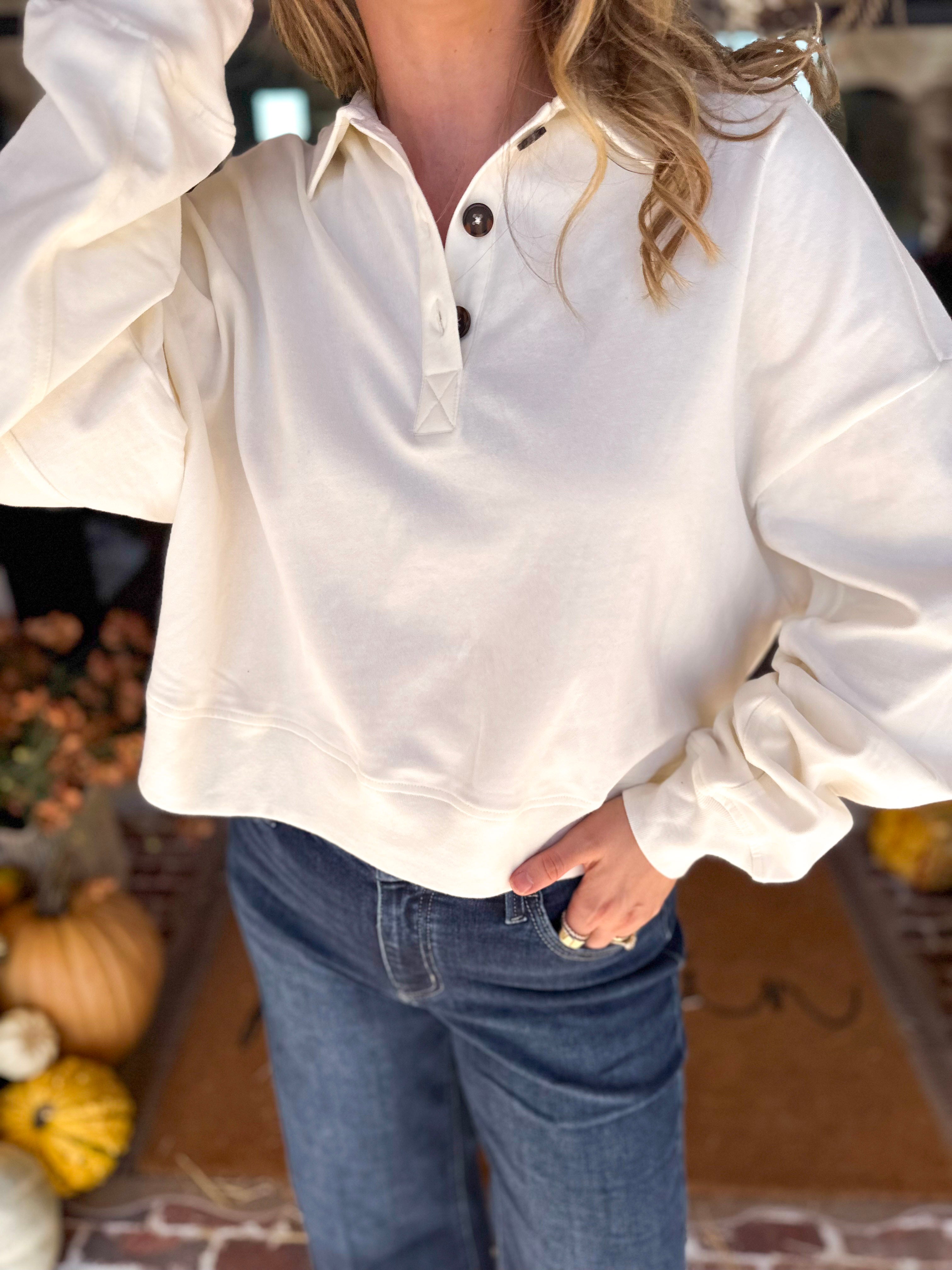 PINK FRIDAY DOORBUSTERS - Henley Polo Top - Cream - ONLINE - FINAL SALE-PINK FRIDAY DOORBUSTERS-DOUBLE ZERO-July & June Women's Fashion Boutique Located in San Antonio, Texas