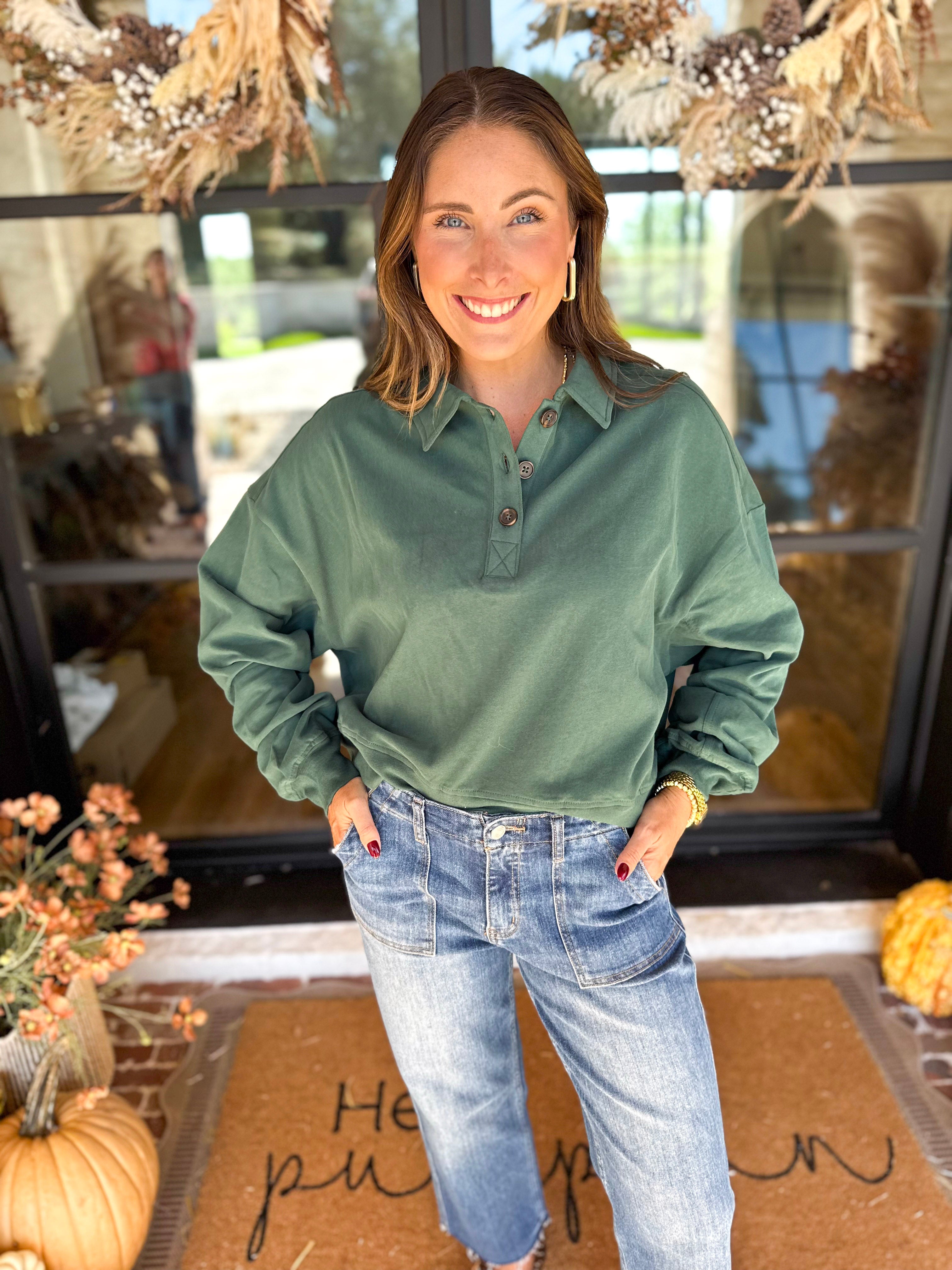 PINK FRIDAY DOORBUSTERS - Henley Polo Top - Green - ONLINE - FINAL SALE-PINK FRIDAY DOORBUSTERS-DOUBLE ZERO-July & June Women's Fashion Boutique Located in San Antonio, Texas