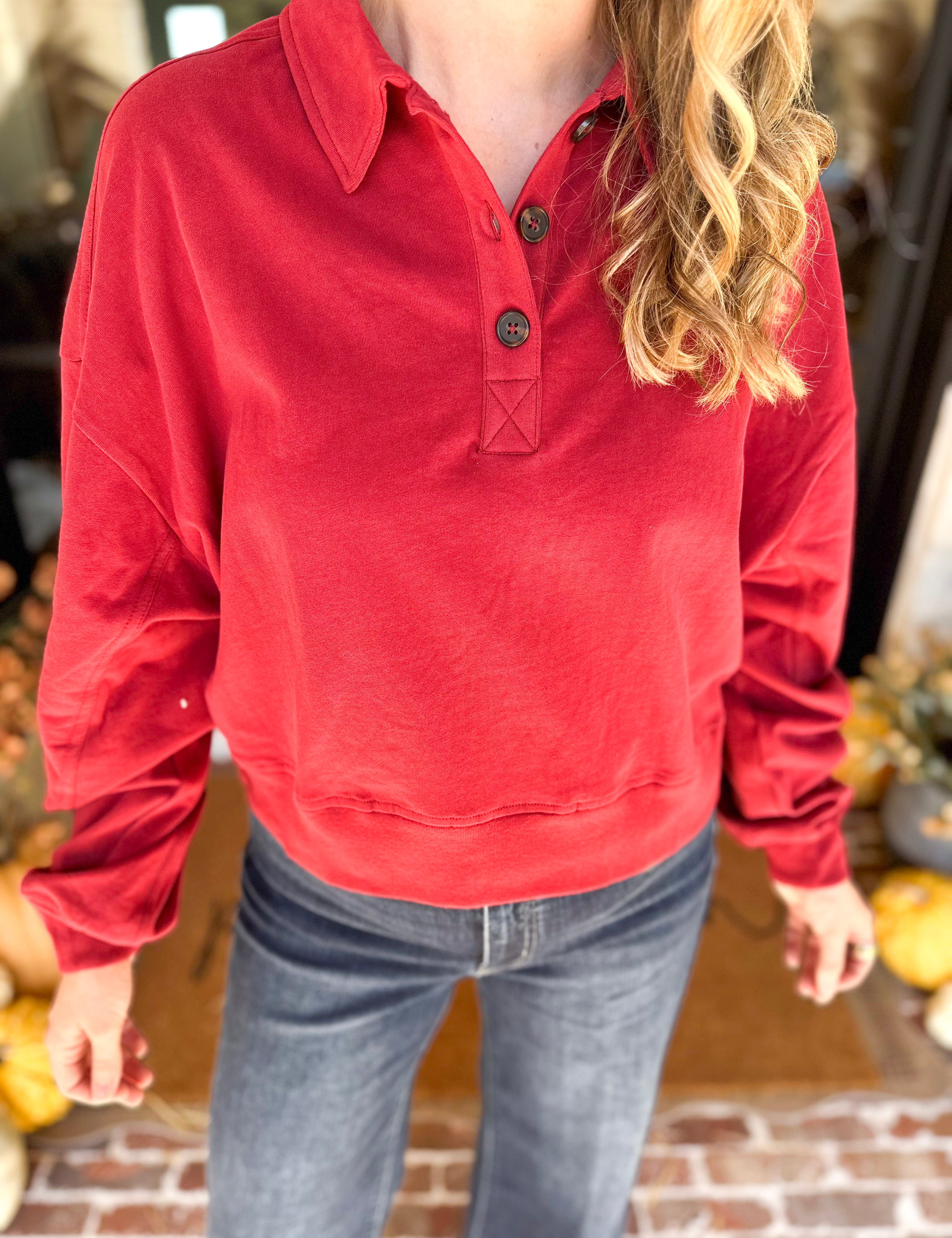PINK FRIDAY DOORBUSTERS - Henley Polo Top - Red - ONLINE - FINAL SALE-PINK FRIDAY DOORBUSTERS-DOUBLE ZERO-July & June Women's Fashion Boutique Located in San Antonio, Texas