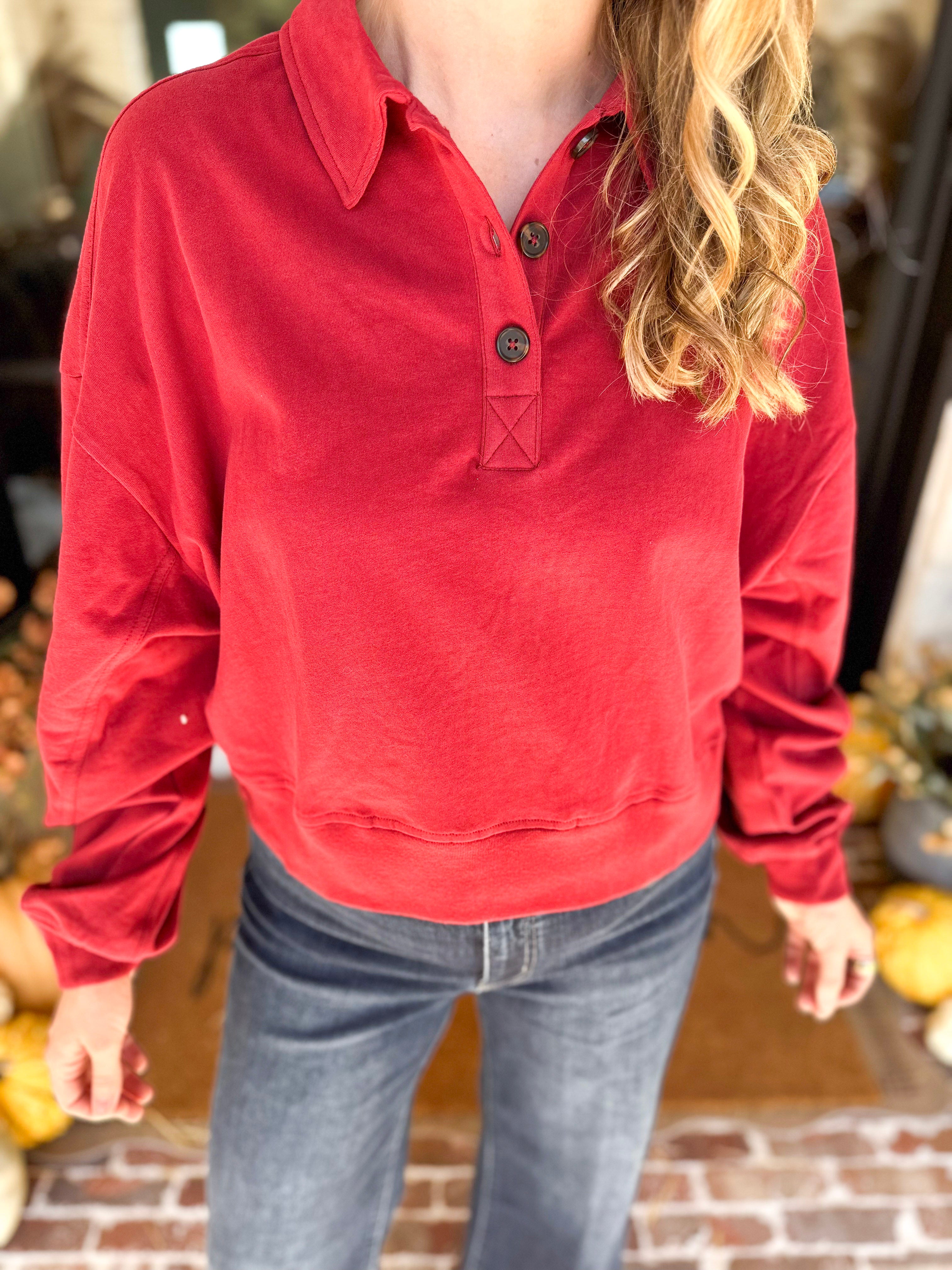 PINK FRIDAY DOORBUSTERS - Henley Polo Top - Red - ONLINE - FINAL SALE-PINK FRIDAY DOORBUSTERS-DOUBLE ZERO-July & June Women's Fashion Boutique Located in San Antonio, Texas