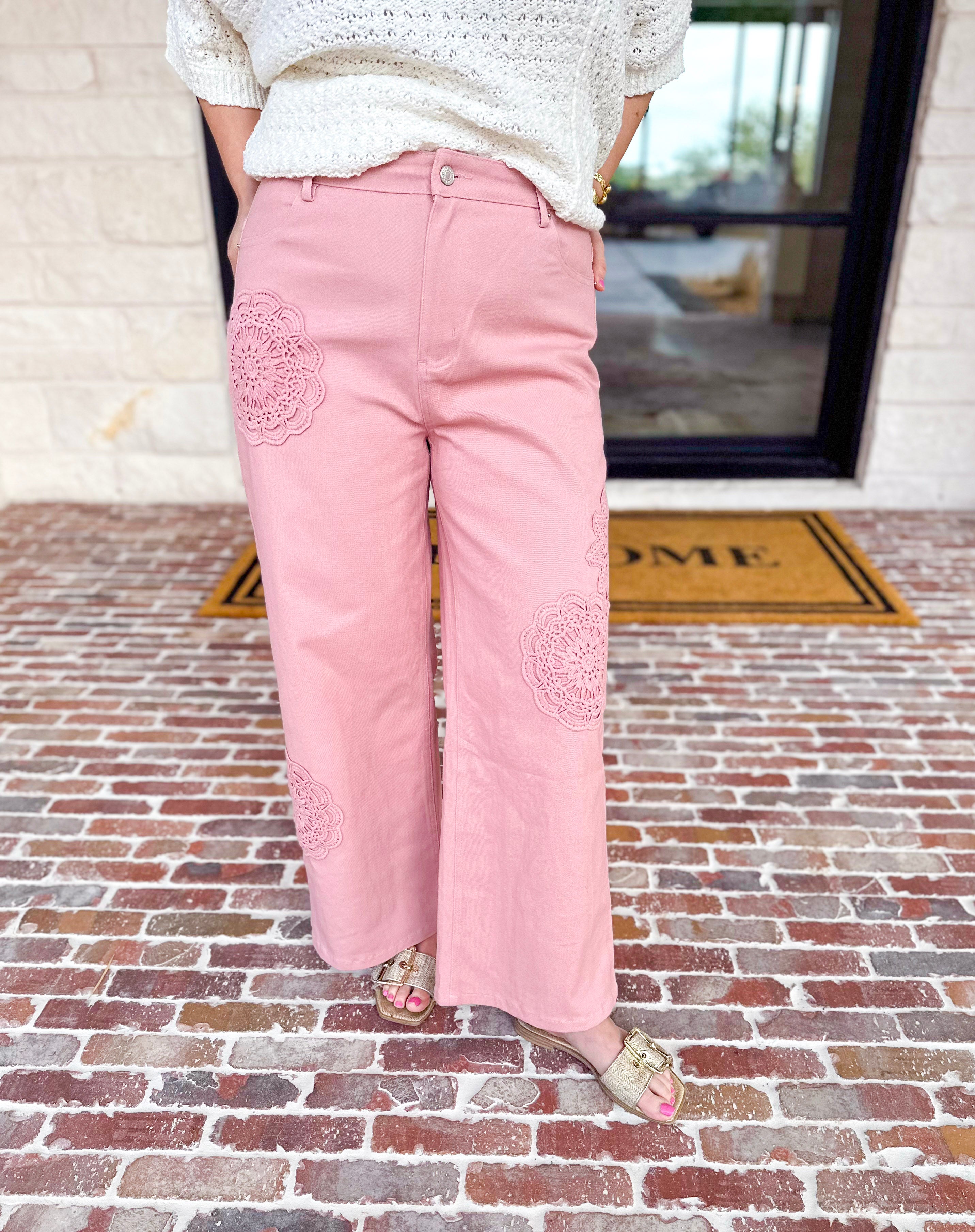 Blush Crochet Denim Pants-400 Pants-ENTRO-July & June Women's Fashion Boutique Located in San Antonio, Texas