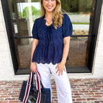 Current Air - Navy Eyelet Blouse-200 Fashion Blouses-CURRENT AIR CLOTHING-July & June Women's Fashion Boutique Located in San Antonio, Texas