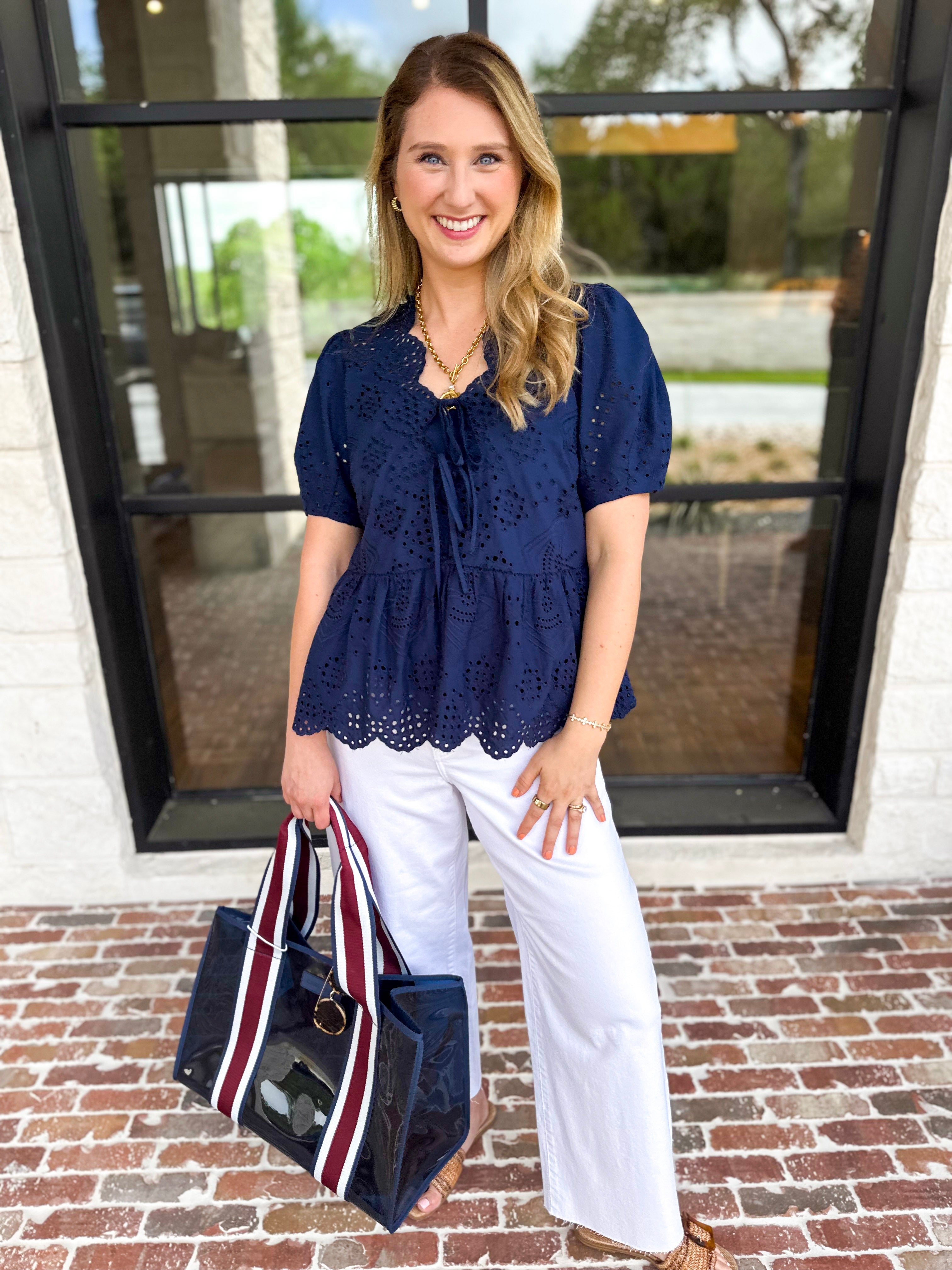 Current Air - Navy Eyelet Blouse-200 Fashion Blouses-CURRENT AIR CLOTHING-July & June Women's Fashion Boutique Located in San Antonio, Texas