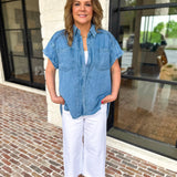 Denim Tencel Button Down Blouse-200 Fashion Blouses-RAE MODE-July & June Women's Fashion Boutique Located in San Antonio, Texas