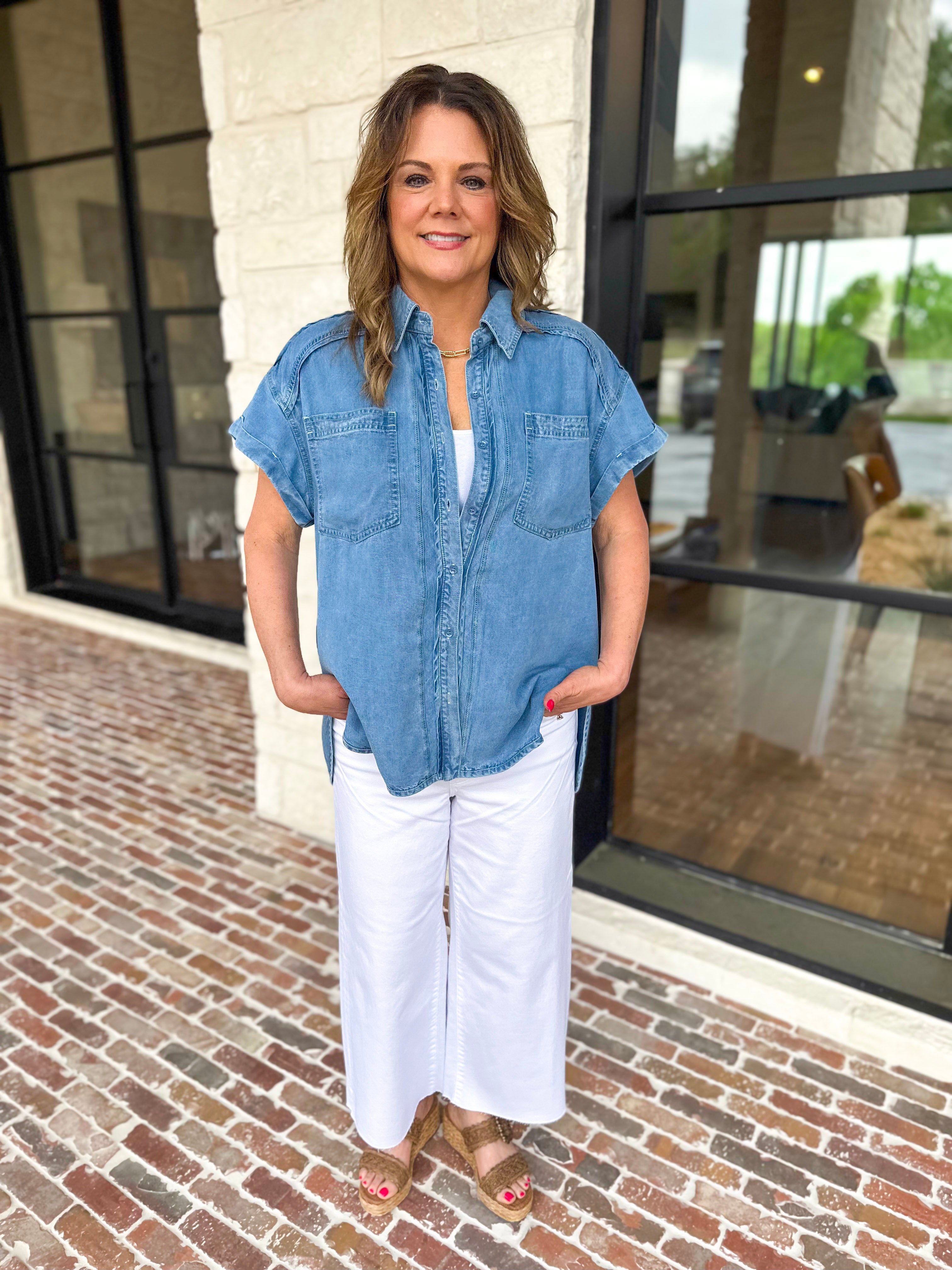 Denim Tencel Button Down Blouse-200 Fashion Blouses-RAE MODE-July & June Women's Fashion Boutique Located in San Antonio, Texas