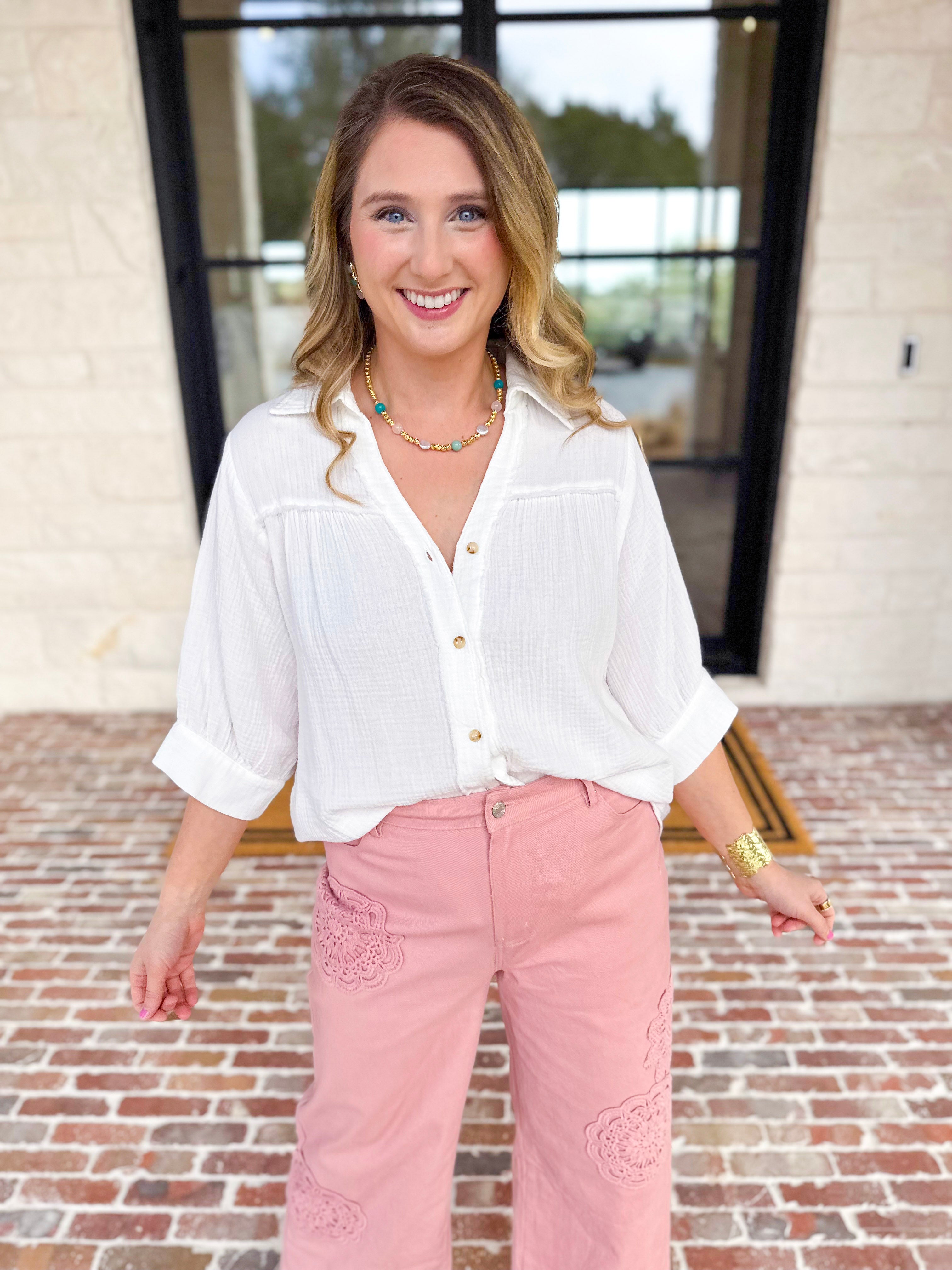 Gauze Button Down Blouse - Ivory-200 Fashion Blouses-IN FEBRUARY-July & June Women's Fashion Boutique Located in San Antonio, Texas