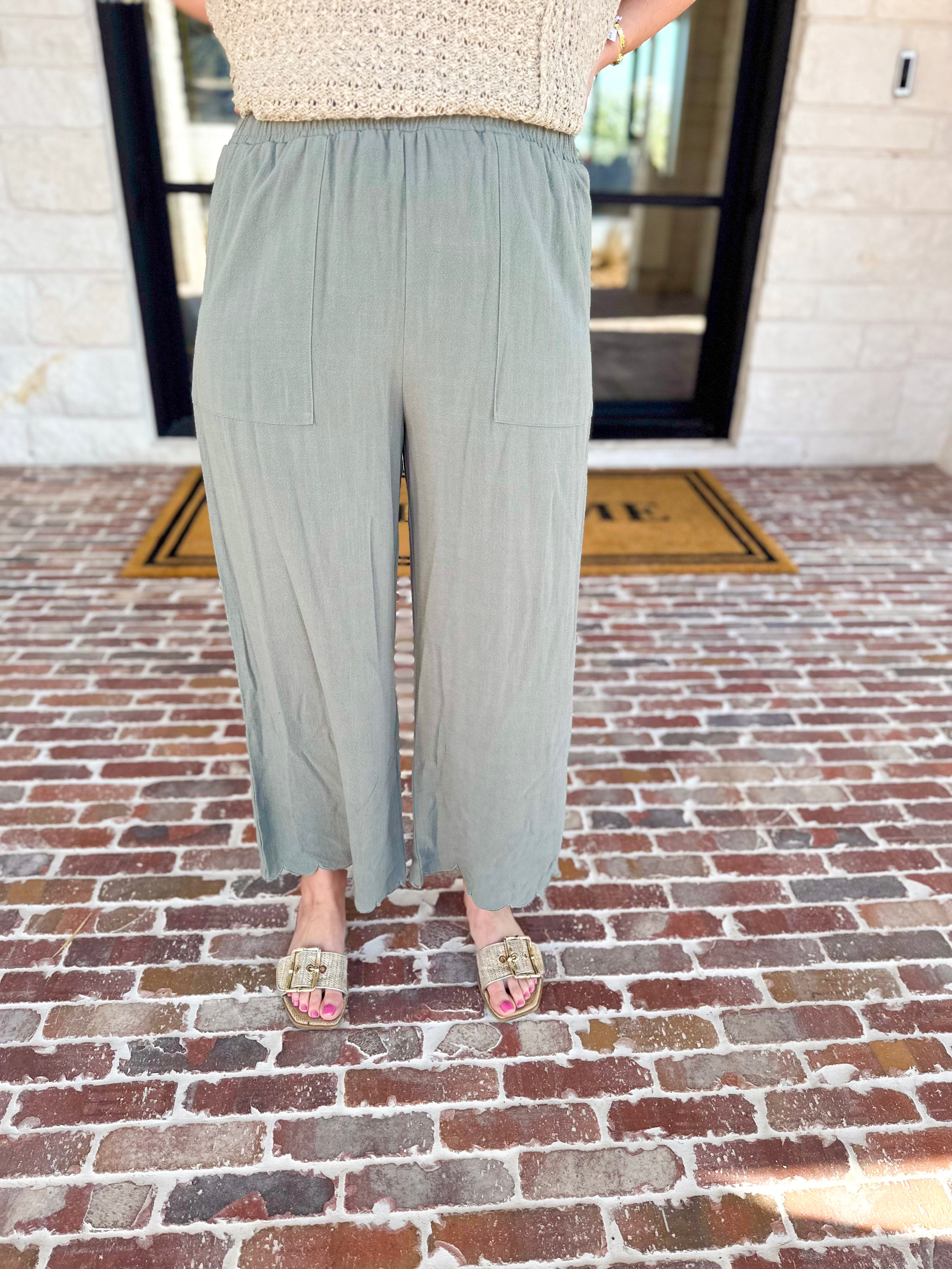 Linen Scalloped Pants - Sage-400 Pants-ALLIE ROSE-July & June Women's Fashion Boutique Located in San Antonio, Texas