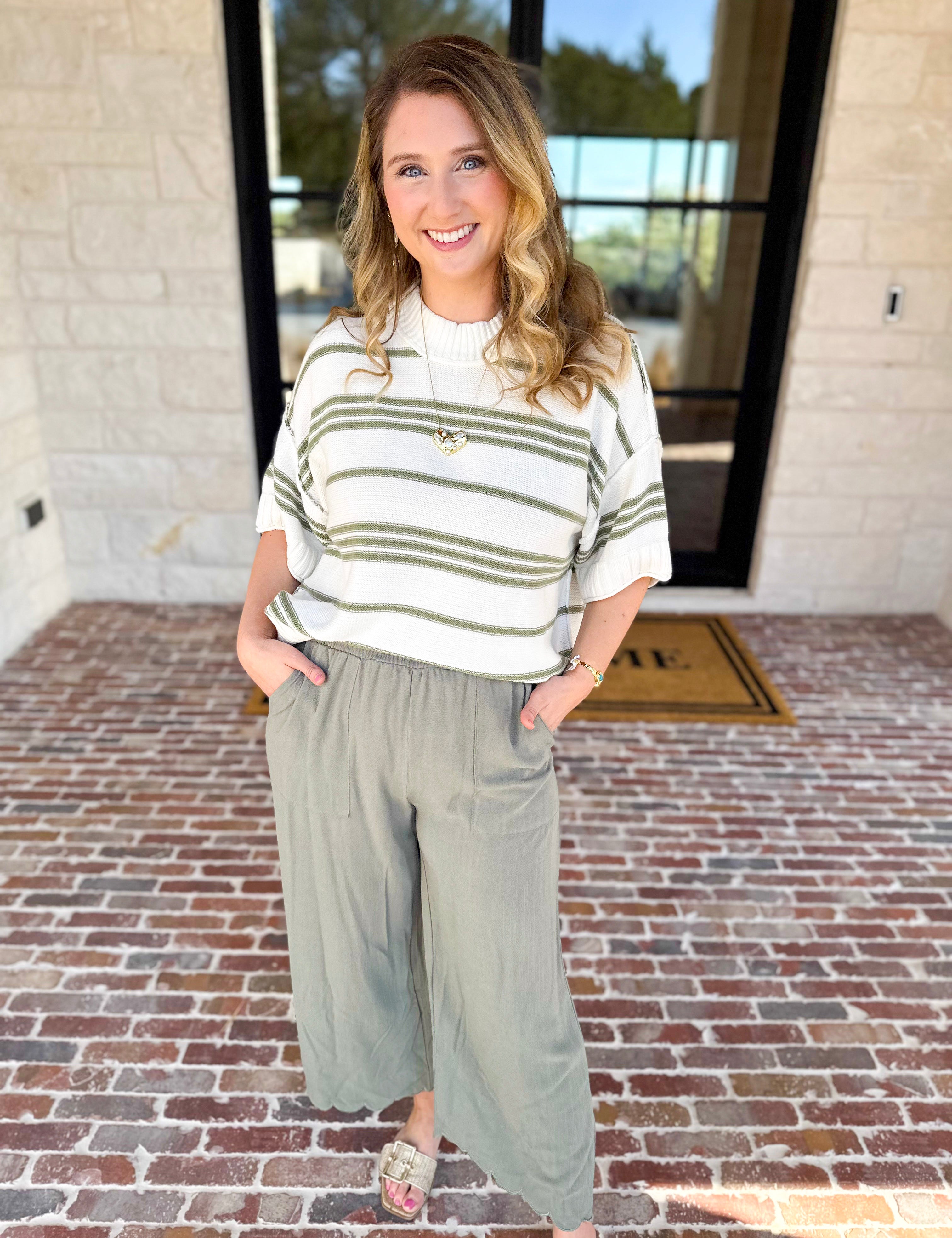 Sage & Ivory Stripe Short Sleeve Knit Top-230 Sweaters/Cardis-RAE MODE-July & June Women's Fashion Boutique Located in San Antonio, Texas