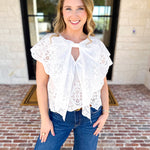 Ivory Eyelet Bow Front Blouse-200 Fashion Blouses-ALLIE ROSE-July & June Women's Fashion Boutique Located in San Antonio, Texas