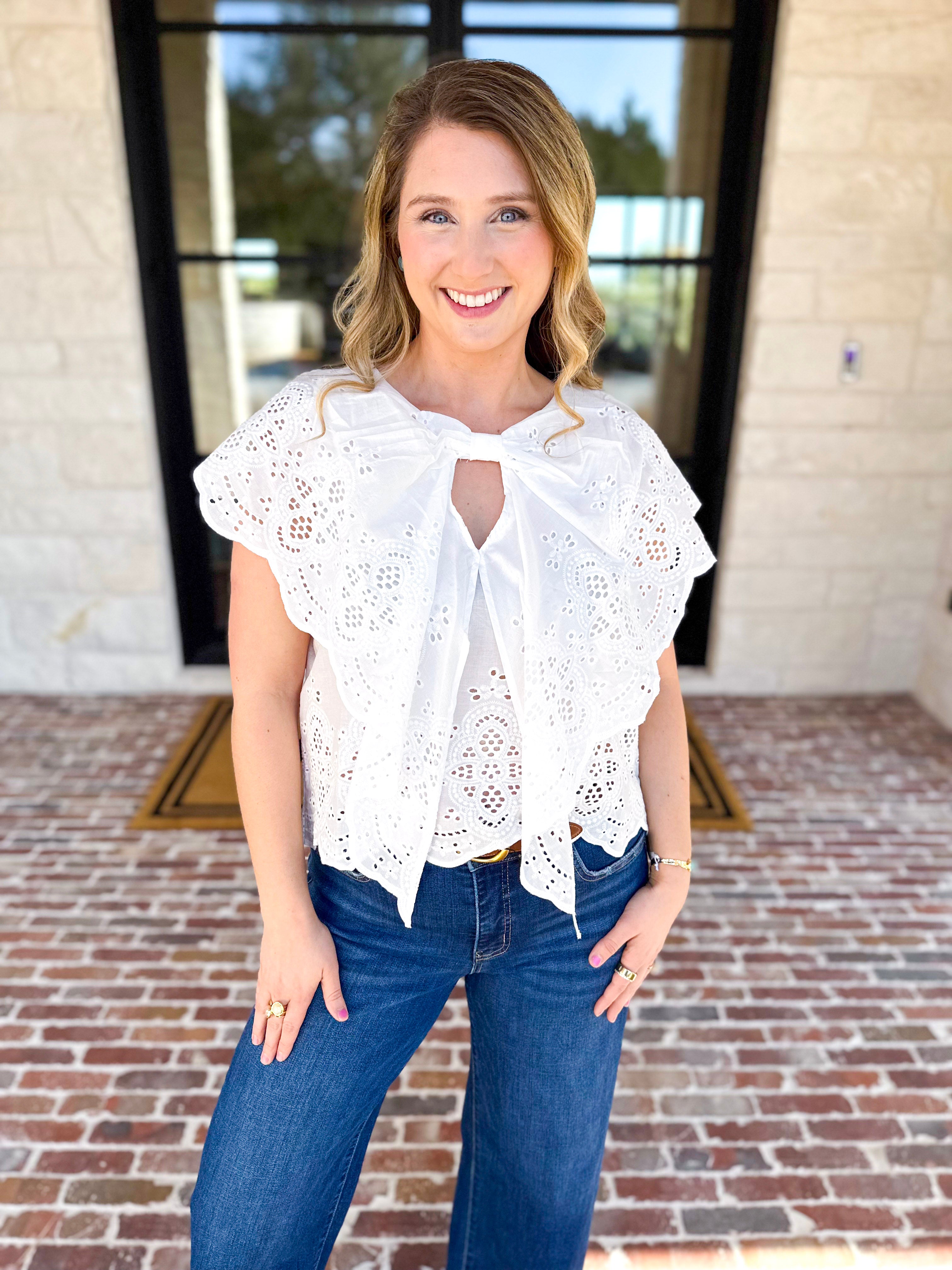 Ivory Eyelet Bow Front Blouse-200 Fashion Blouses-ALLIE ROSE-July & June Women's Fashion Boutique Located in San Antonio, Texas