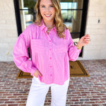 Pink Pinstripe Button Down Blouse-200 Fashion Blouses-FATE-July & June Women's Fashion Boutique Located in San Antonio, Texas