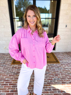 Pink Pinstripe Button Down Blouse-200 Fashion Blouses-FATE-July & June Women's Fashion Boutique Located in San Antonio, Texas