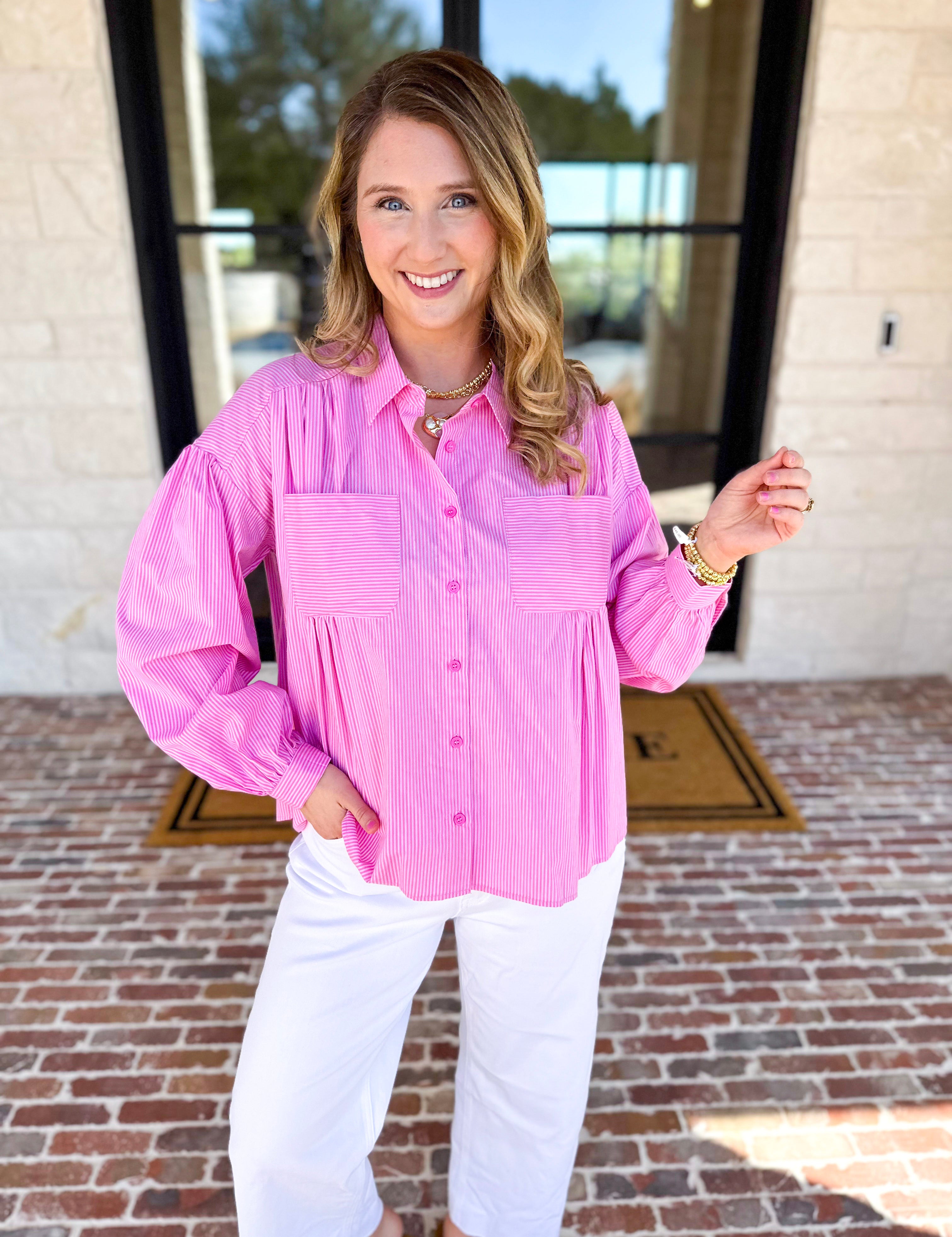 Pink Pinstripe Button Down Blouse-200 Fashion Blouses-FATE-July & June Women's Fashion Boutique Located in San Antonio, Texas