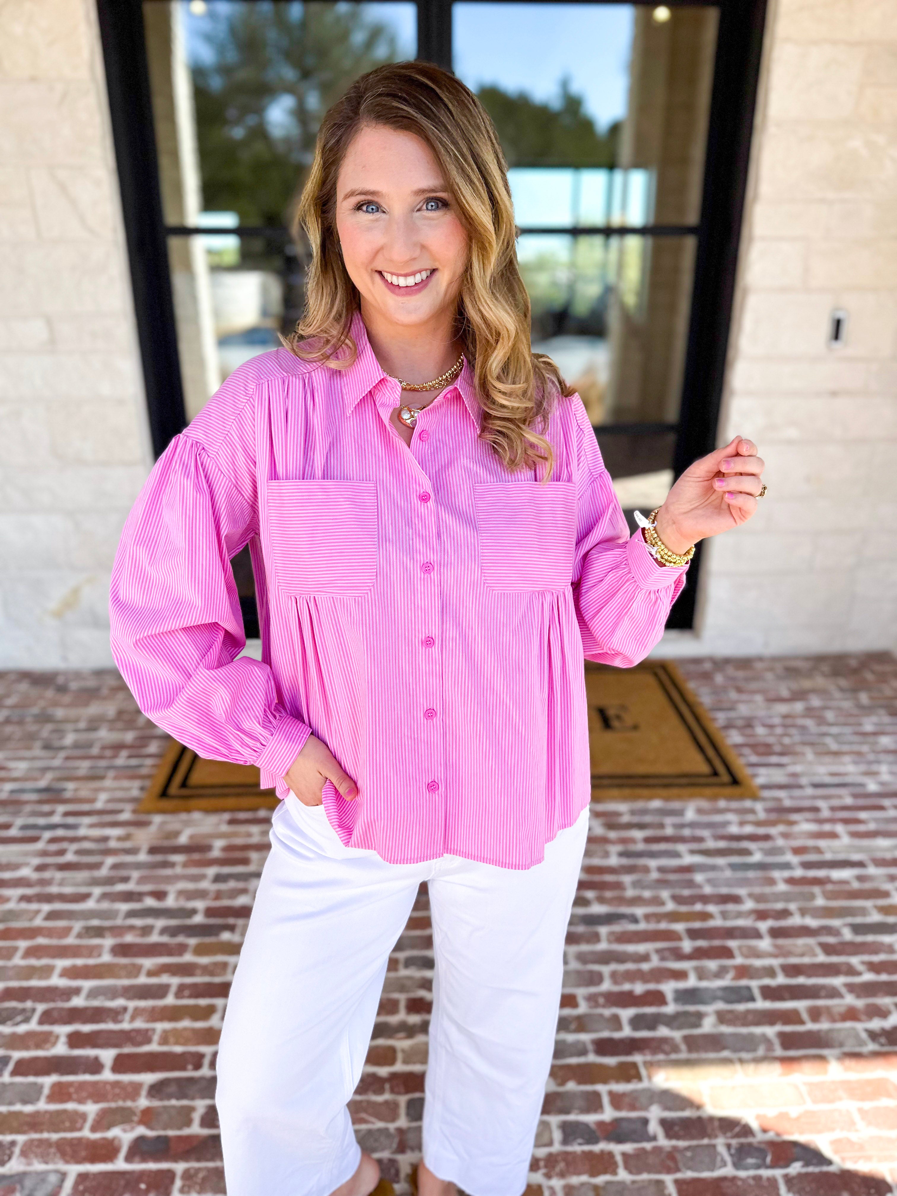 Pink Pinstripe Button Down Blouse-200 Fashion Blouses-FATE-July & June Women's Fashion Boutique Located in San Antonio, Texas