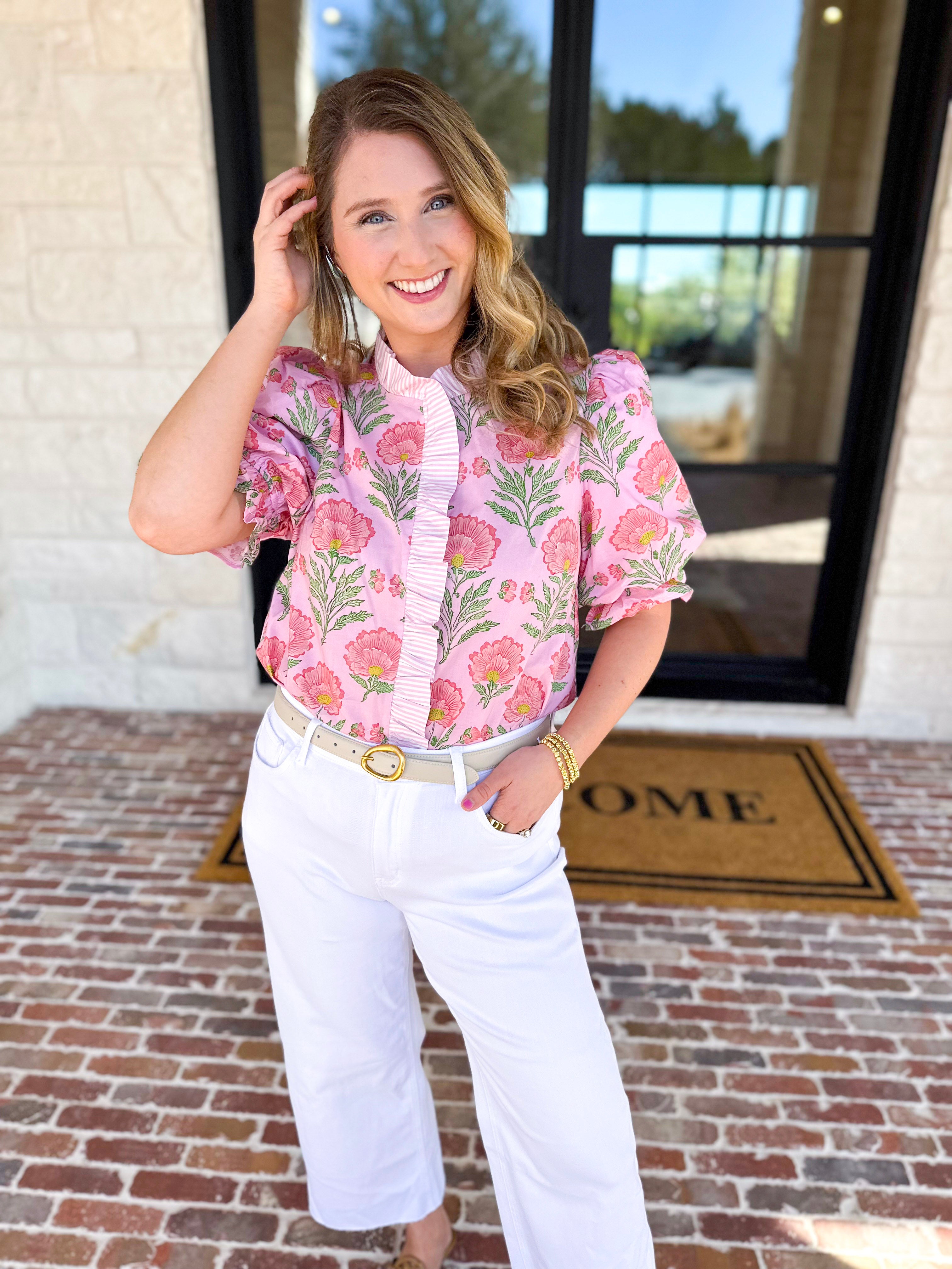Floral Fun Blouse - Pink-200 Fashion Blouses-ENTRO-July & June Women's Fashion Boutique Located in San Antonio, Texas