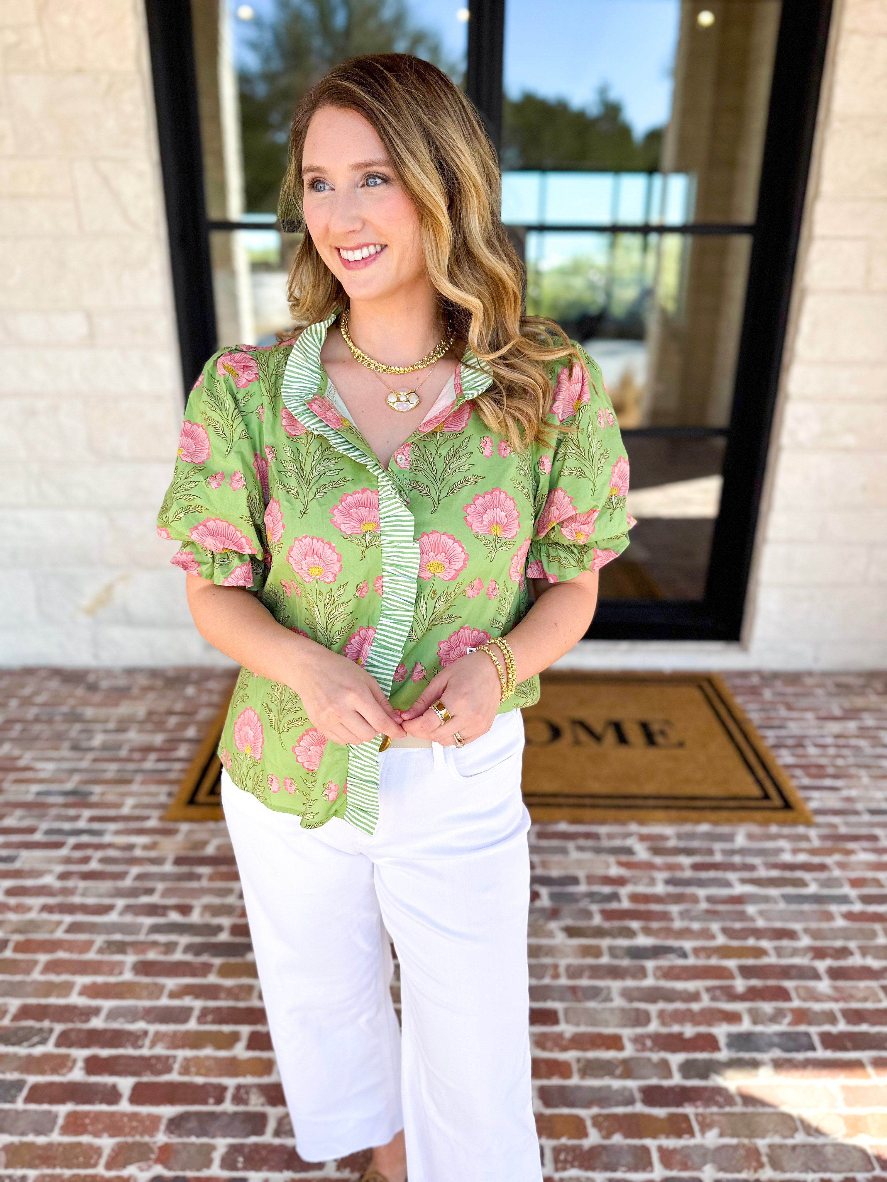 Floral Fun Blouse - Matcha-200 Fashion Blouses-ENTRO-July & June Women's Fashion Boutique Located in San Antonio, Texas