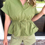 Cinch Waist Blouse - Olive-200 Fashion Blouses-ENTRO-July & June Women's Fashion Boutique Located in San Antonio, Texas