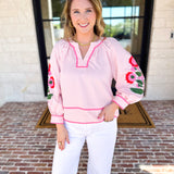 Soft Stripe Embroidered Blouse - Pink-200 Fashion Blouses-ENTRO-July & June Women's Fashion Boutique Located in San Antonio, Texas