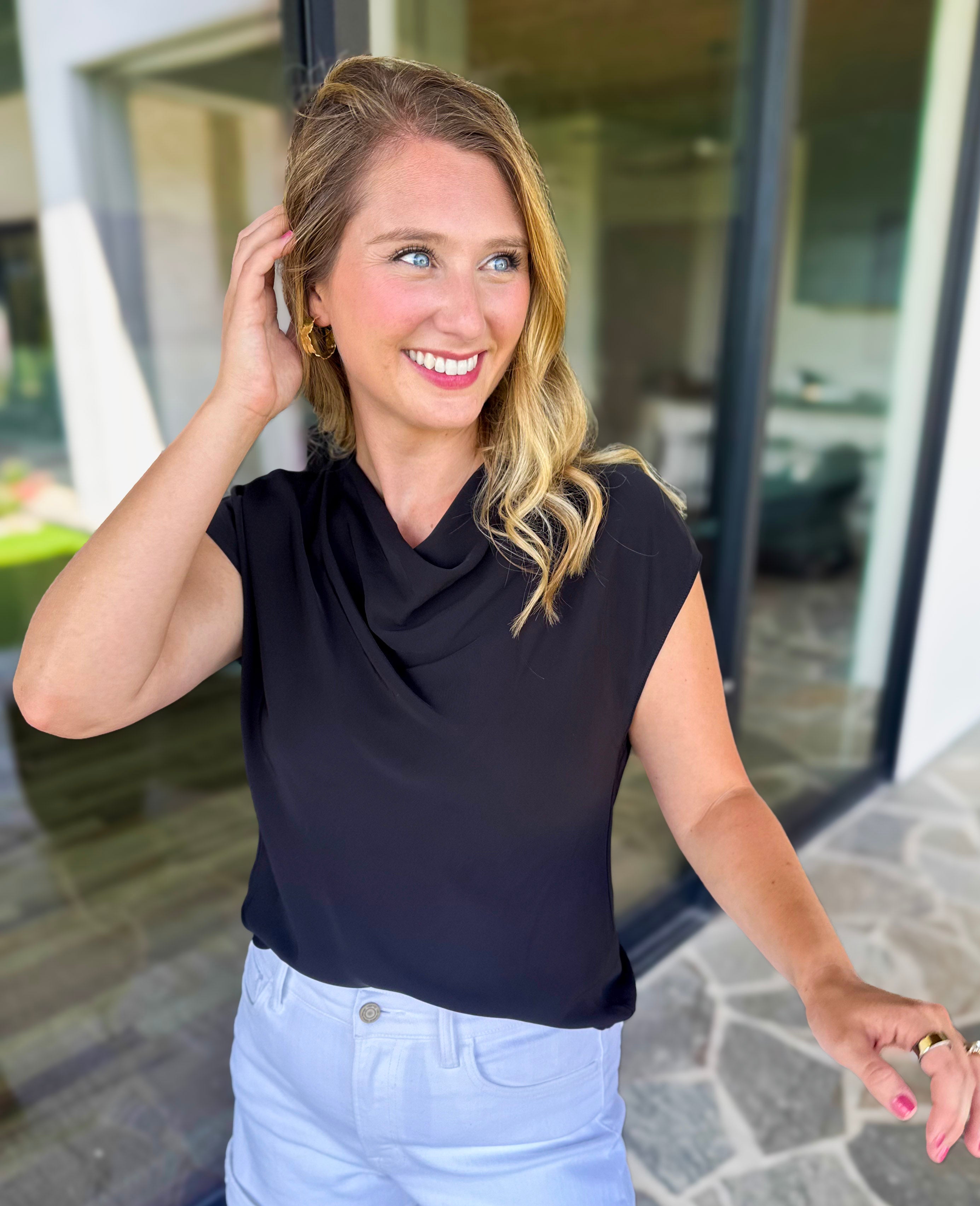 Current Air - Cowl Neck Blouse - Black-200 Fashion Blouses-CURRENT AIR CLOTHING-July & June Women's Fashion Boutique Located in San Antonio, Texas