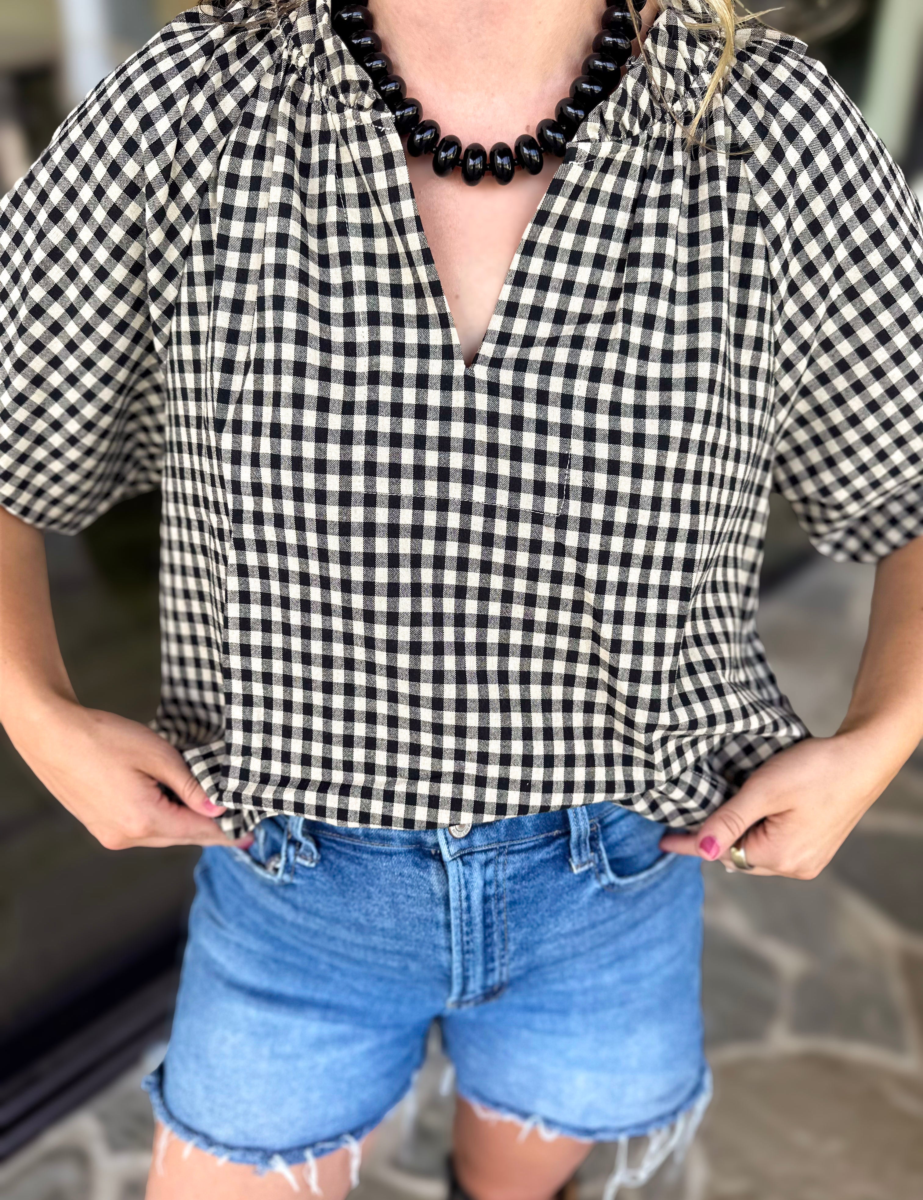 August Gingham Blouse - Black-200 Fashion Blouses-OLIVACEOUS-July & June Women's Fashion Boutique Located in San Antonio, Texas