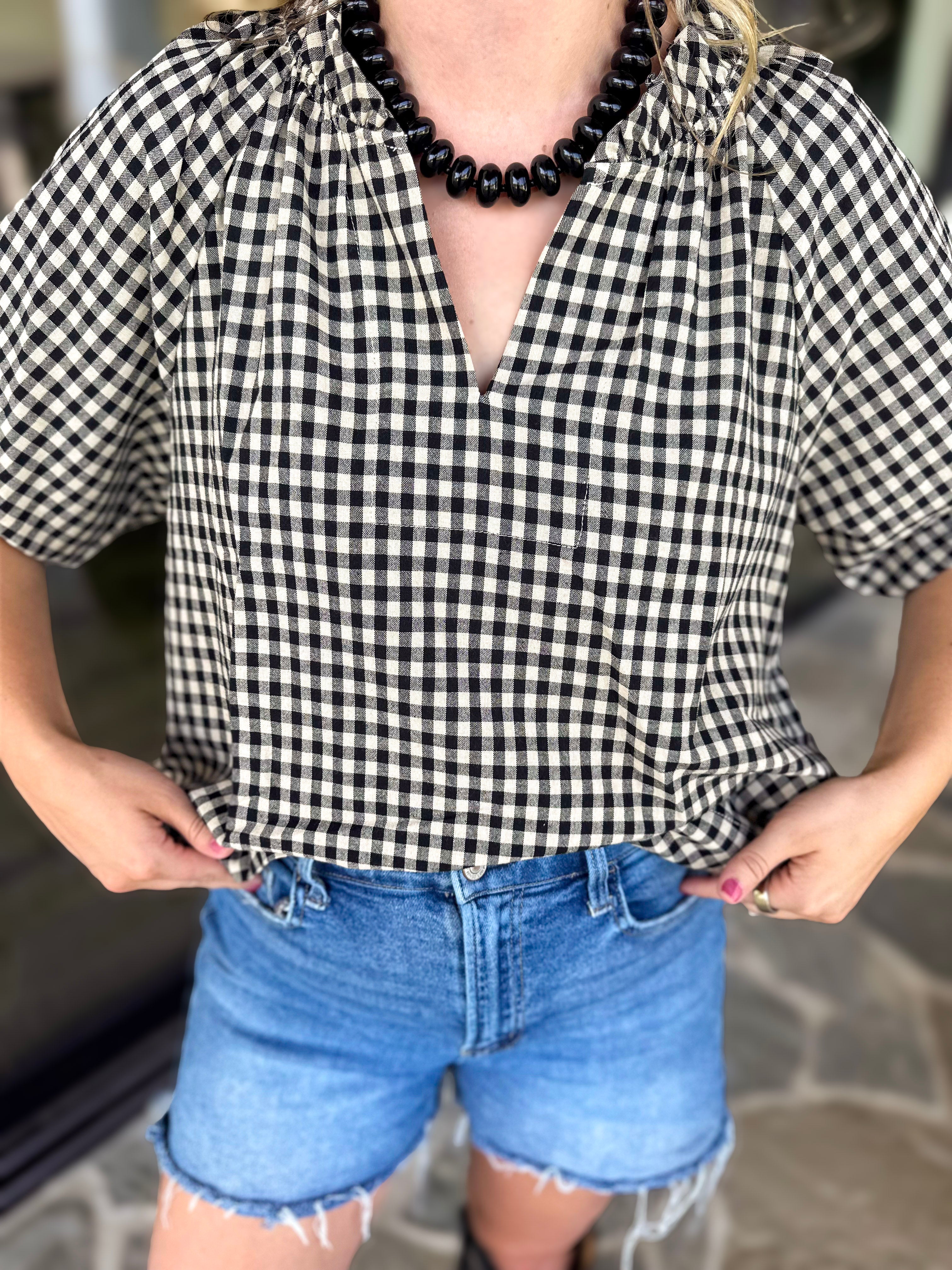 August Gingham Blouse - Black-200 Fashion Blouses-OLIVACEOUS-July & June Women's Fashion Boutique Located in San Antonio, Texas