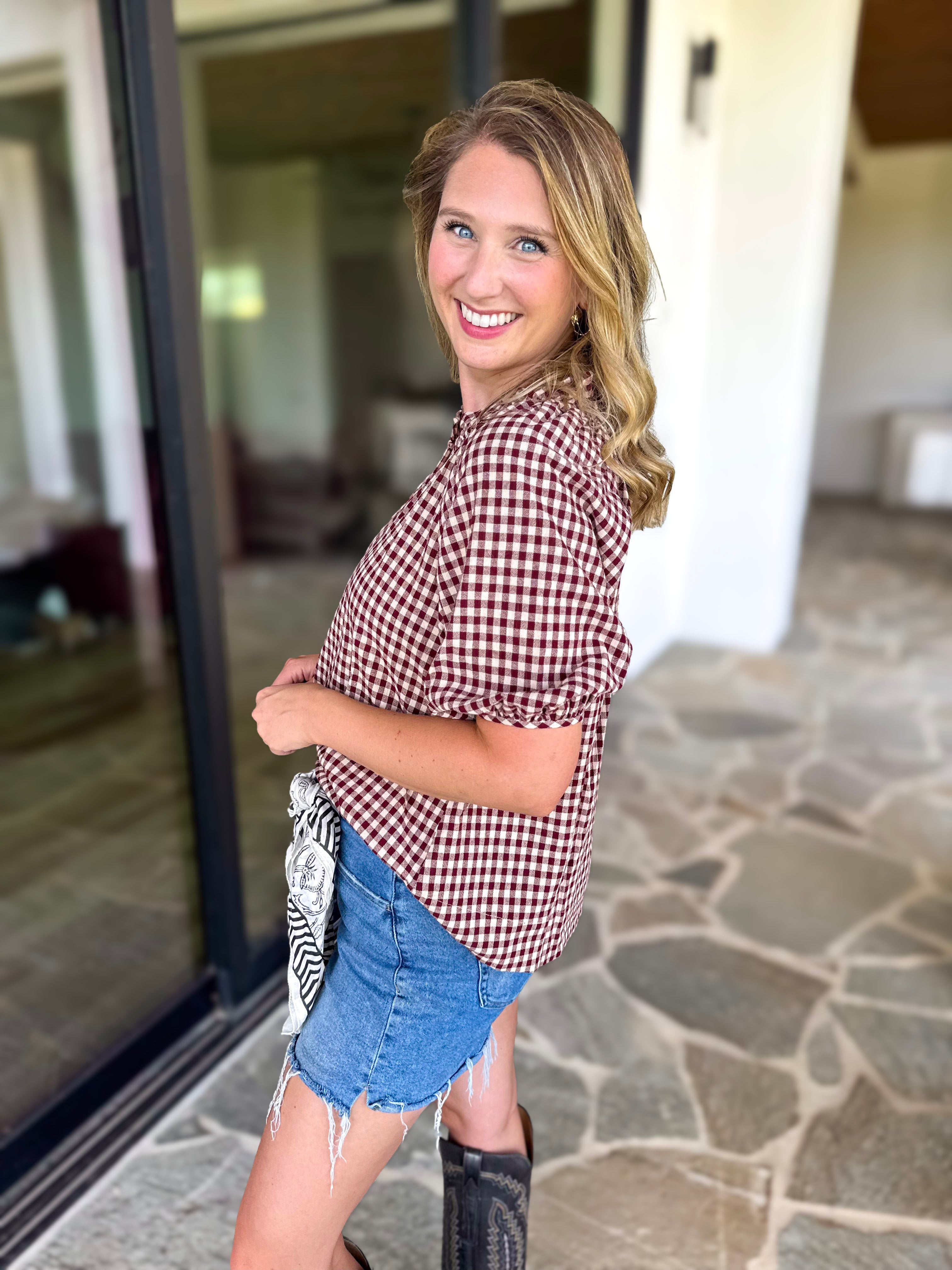 August Gingham Blouse - Maroon-200 Fashion Blouses-OLIVACEOUS-July & June Women's Fashion Boutique Located in San Antonio, Texas