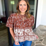 Ellie Floral Blouse - Brown Rust-200 Fashion Blouses-OLIVACEOUS-July & June Women's Fashion Boutique Located in San Antonio, Texas