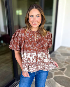 Ellie Floral Blouse - Brown Rust-200 Fashion Blouses-OLIVACEOUS-July & June Women's Fashion Boutique Located in San Antonio, Texas
