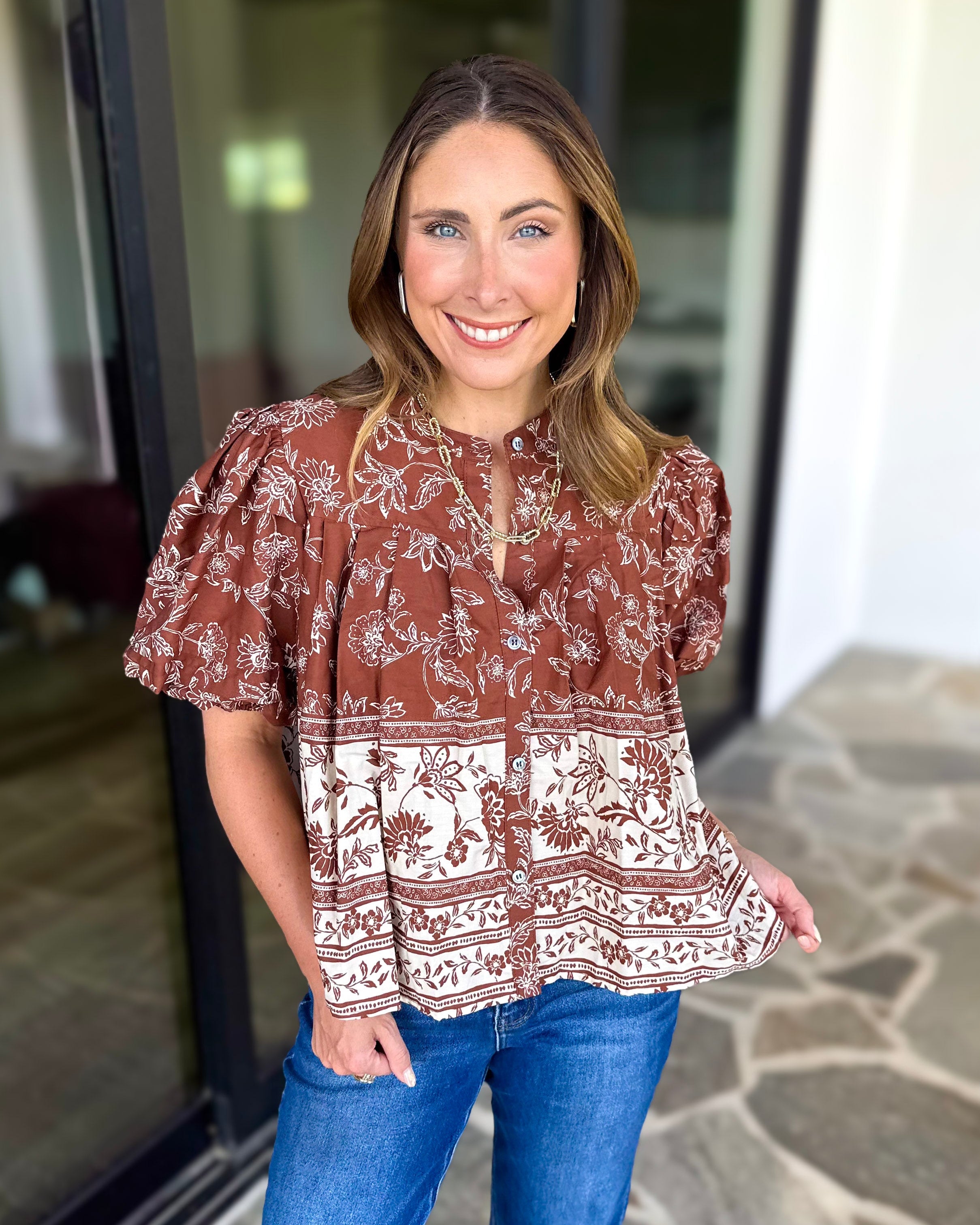 Ellie Floral Blouse - Brown Rust-200 Fashion Blouses-OLIVACEOUS-July & June Women's Fashion Boutique Located in San Antonio, Texas