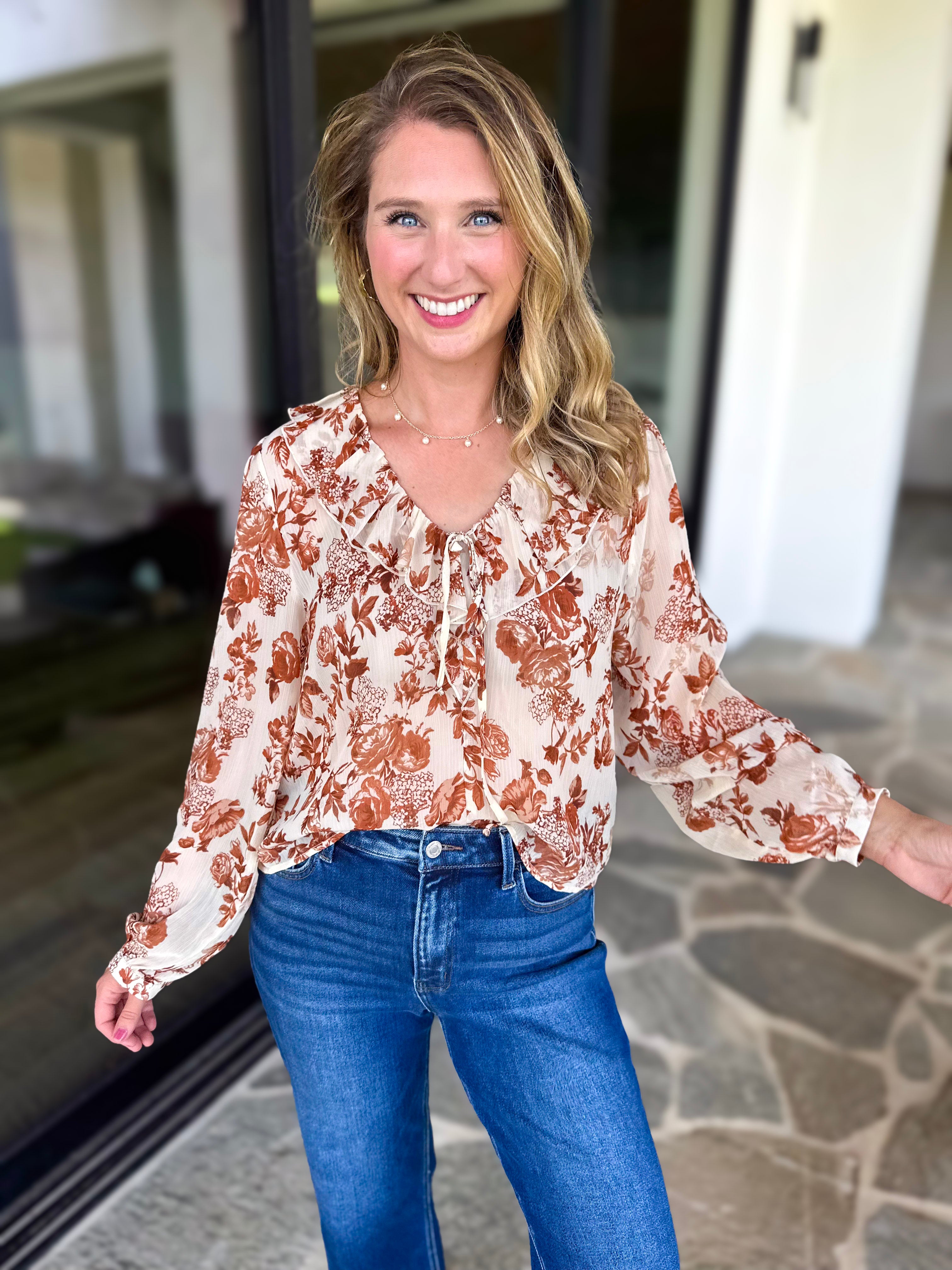 Verona Floral Blouse-200 Fashion Blouses-OLIVACEOUS-July & June Women's Fashion Boutique Located in San Antonio, Texas