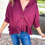 Effortless Ruffle Hem Blouse - Maroon-200 Fashion Blouses-ENTRO-July & June Women's Fashion Boutique Located in San Antonio, Texas