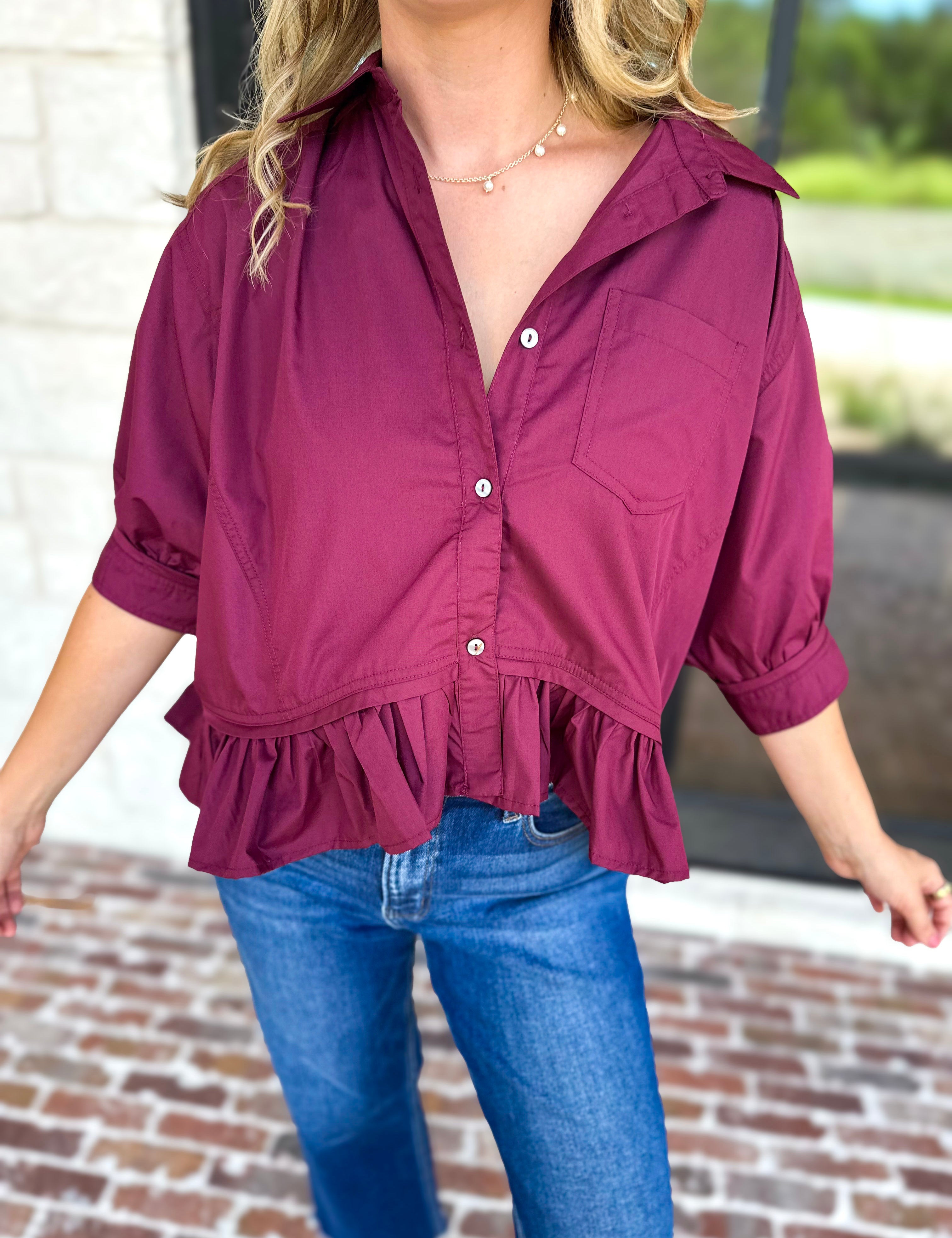 Effortless Ruffle Hem Blouse - Maroon-200 Fashion Blouses-ENTRO-July & June Women's Fashion Boutique Located in San Antonio, Texas