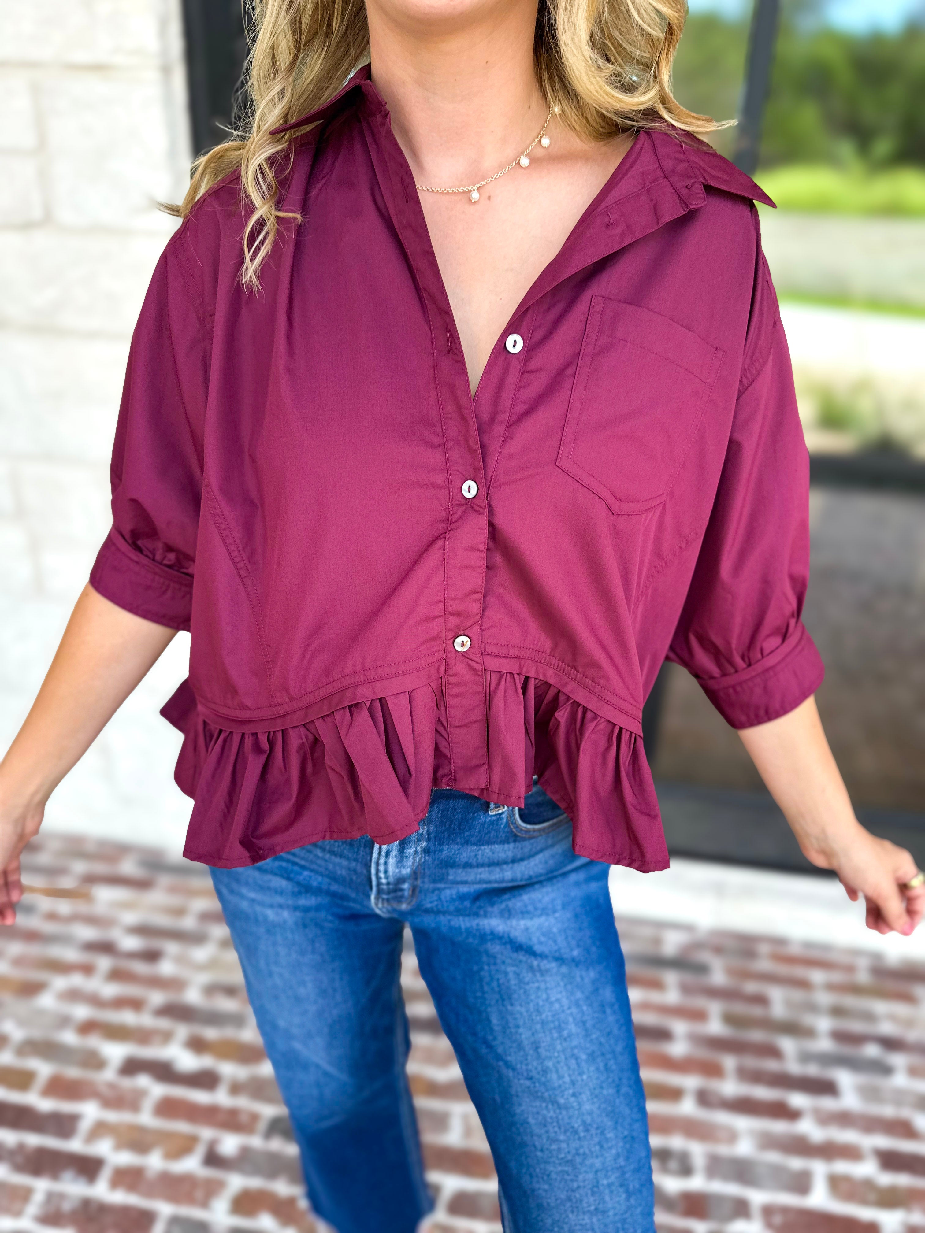 Effortless Ruffle Hem Blouse - Maroon-200 Fashion Blouses-ENTRO-July & June Women's Fashion Boutique Located in San Antonio, Texas