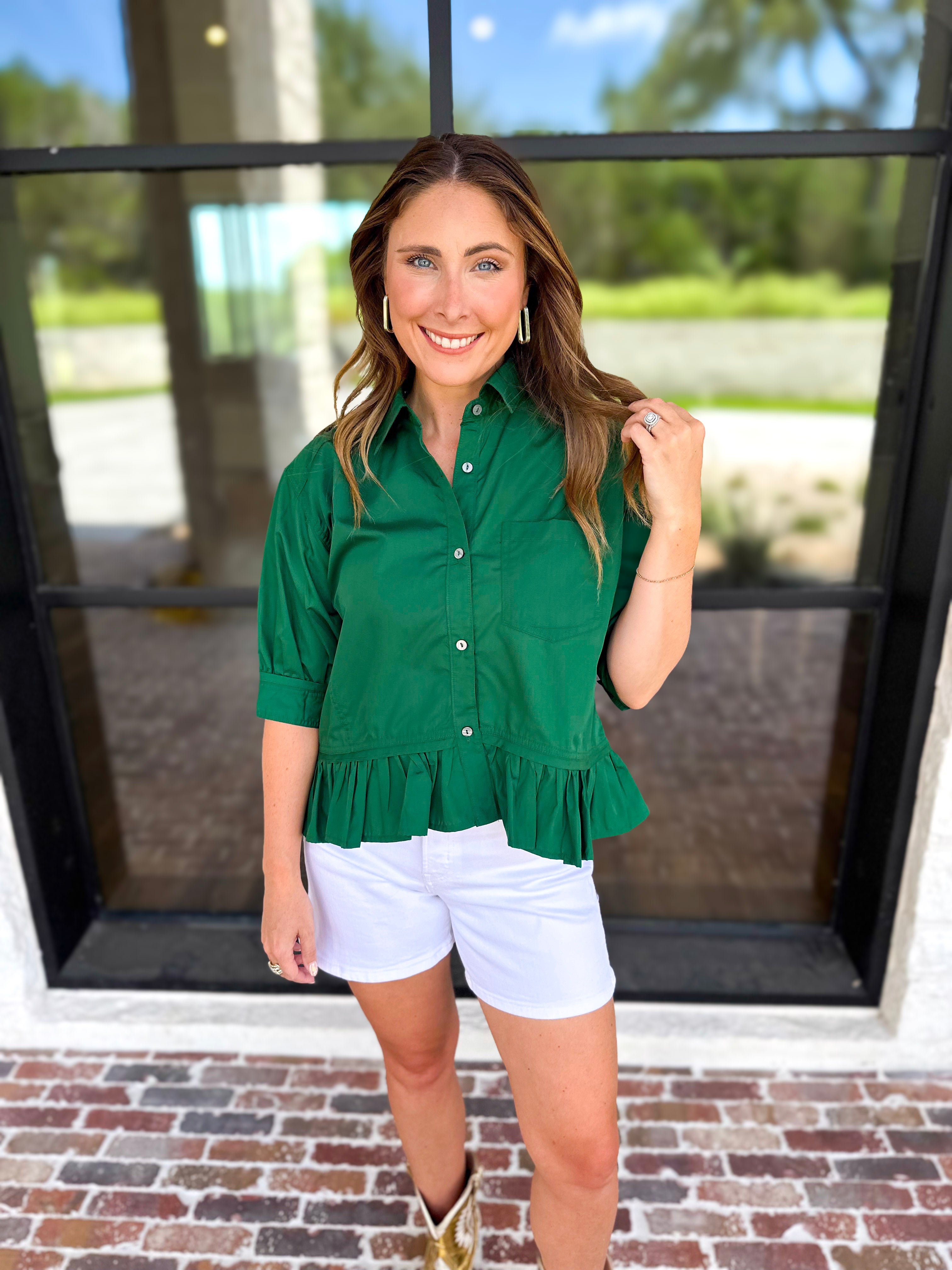 Effortless Ruffle Hem Blouse - Hunter Green-200 Fashion Blouses-ENTRO-July & June Women's Fashion Boutique Located in San Antonio, Texas