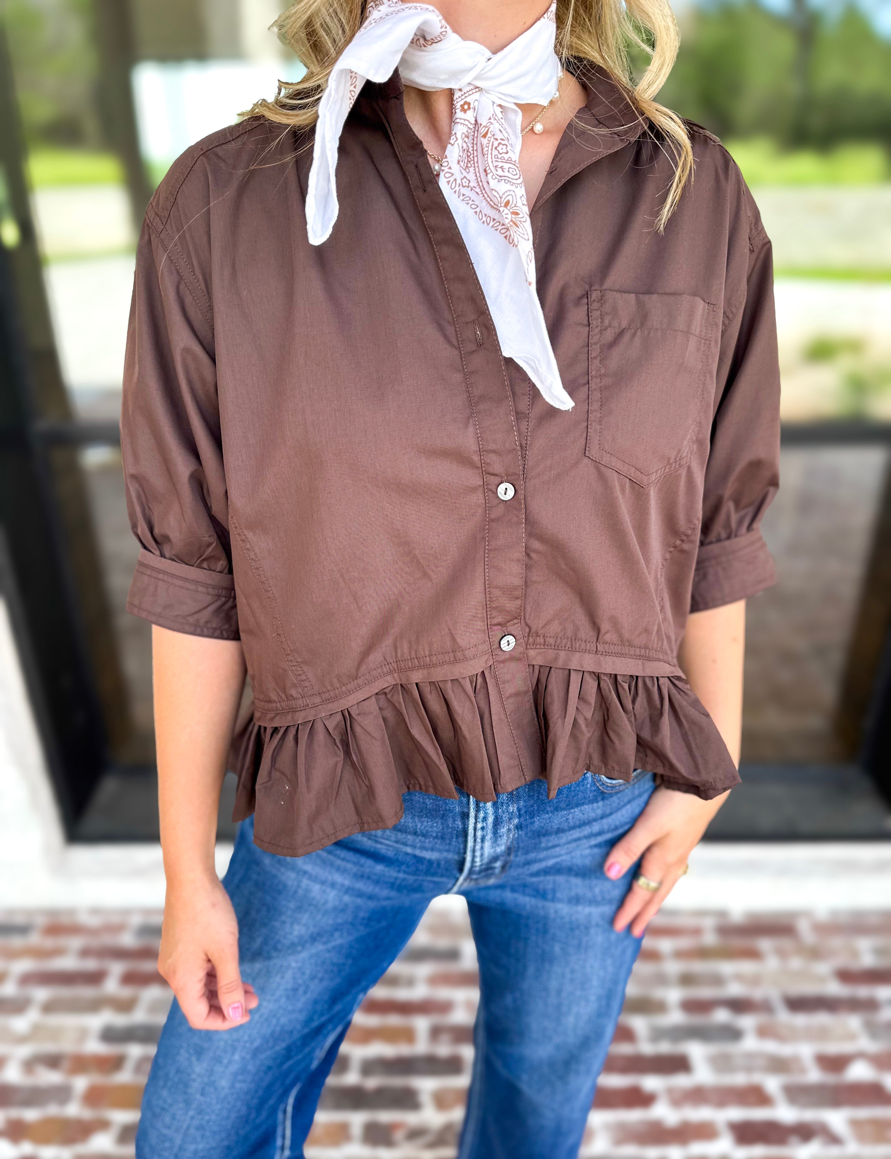 Effortless Ruffle Hem Blouse - Brown-200 Fashion Blouses-ENTRO-July & June Women's Fashion Boutique Located in San Antonio, Texas
