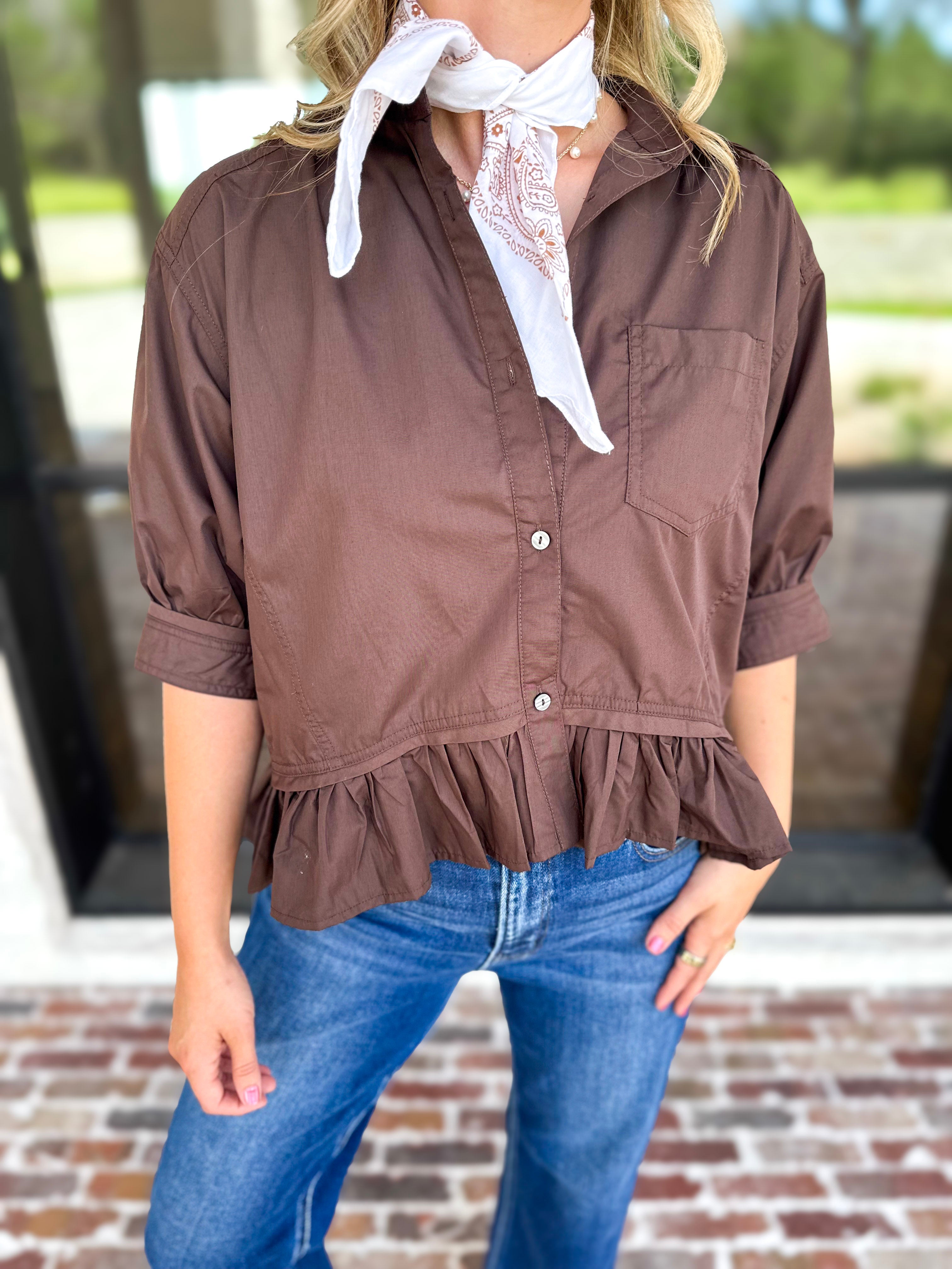 Effortless Ruffle Hem Blouse - Brown-200 Fashion Blouses-ENTRO-July & June Women's Fashion Boutique Located in San Antonio, Texas