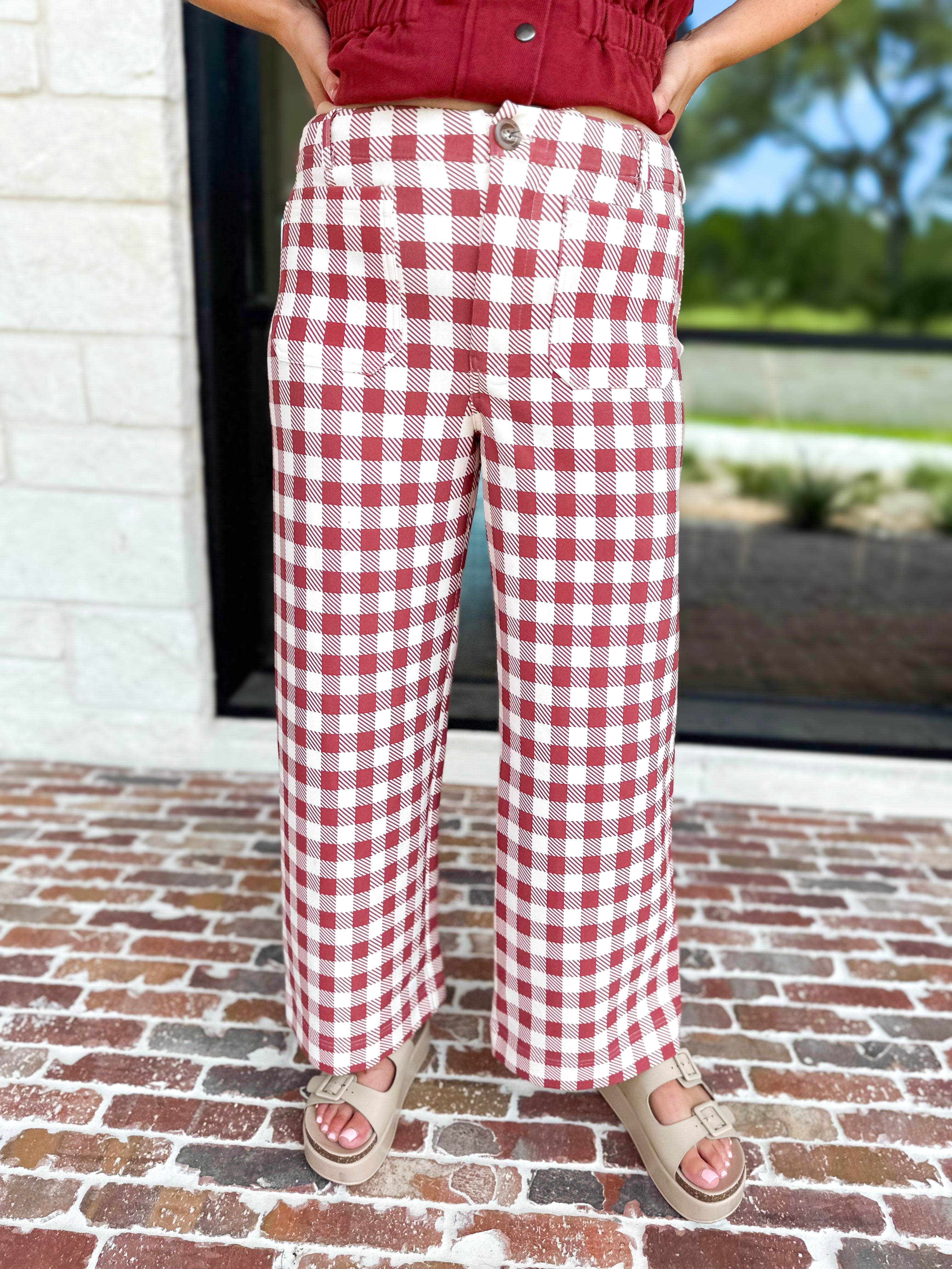 Gingham Comfy Pants - Rusty Red-400 Pants-ENTRO-July & June Women's Fashion Boutique Located in San Antonio, Texas