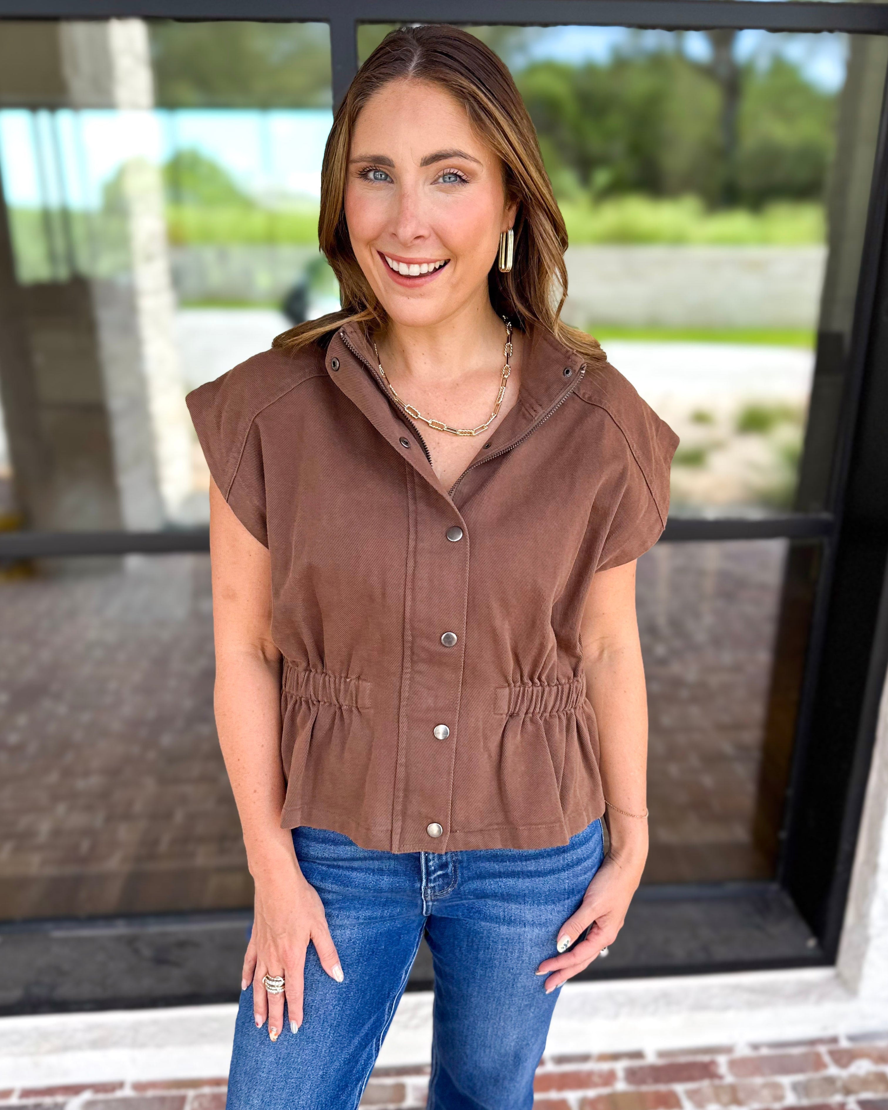 Worn Well Zip-Up Top - Brown-200 Fashion Blouses-ENTRO-July & June Women's Fashion Boutique Located in San Antonio, Texas