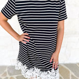 Stripes & Lace Shift Dress - Black-510 Mini-ENTRO-July & June Women's Fashion Boutique Located in San Antonio, Texas