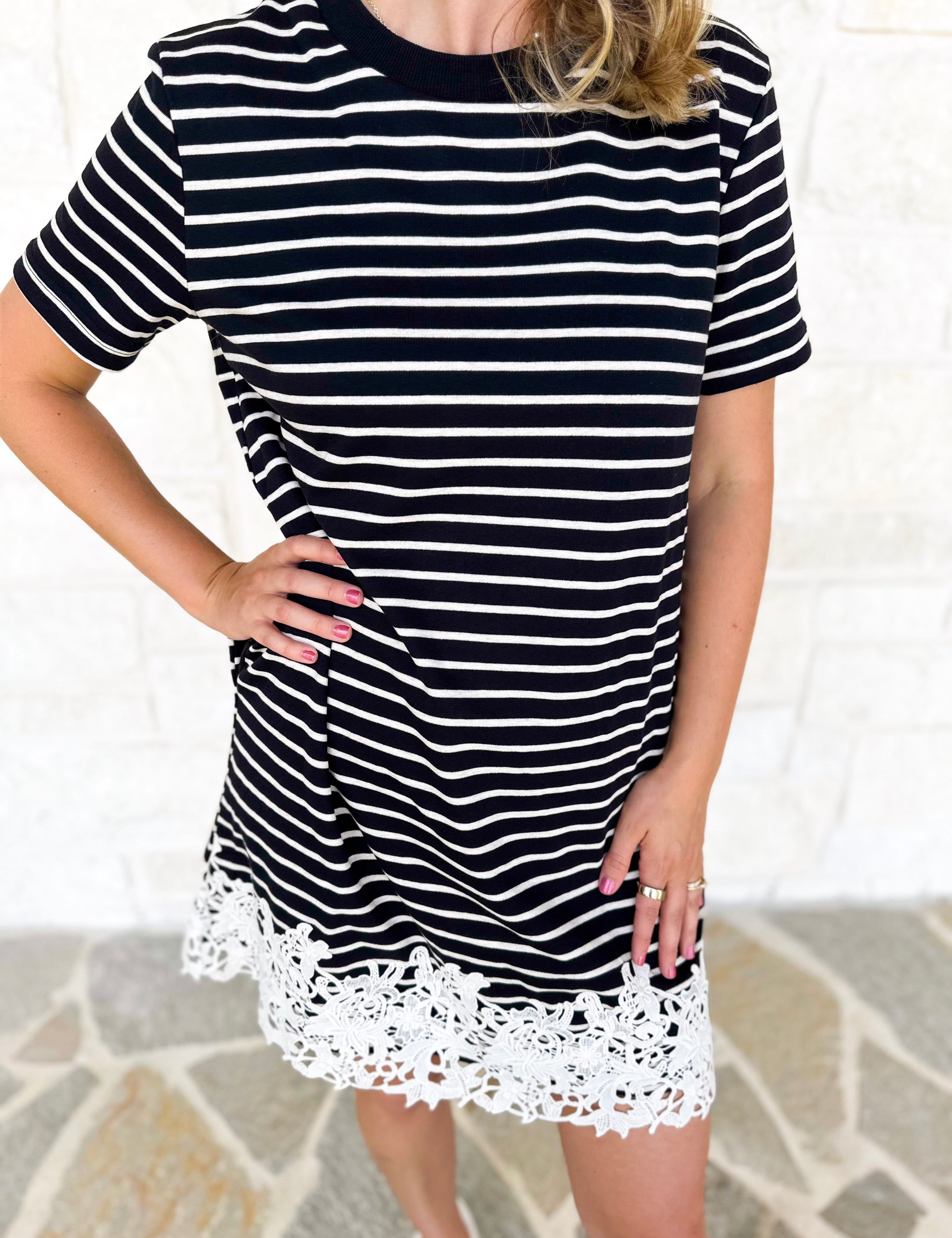 Stripes & Lace Shift Dress - Black-510 Mini-ENTRO-July & June Women's Fashion Boutique Located in San Antonio, Texas