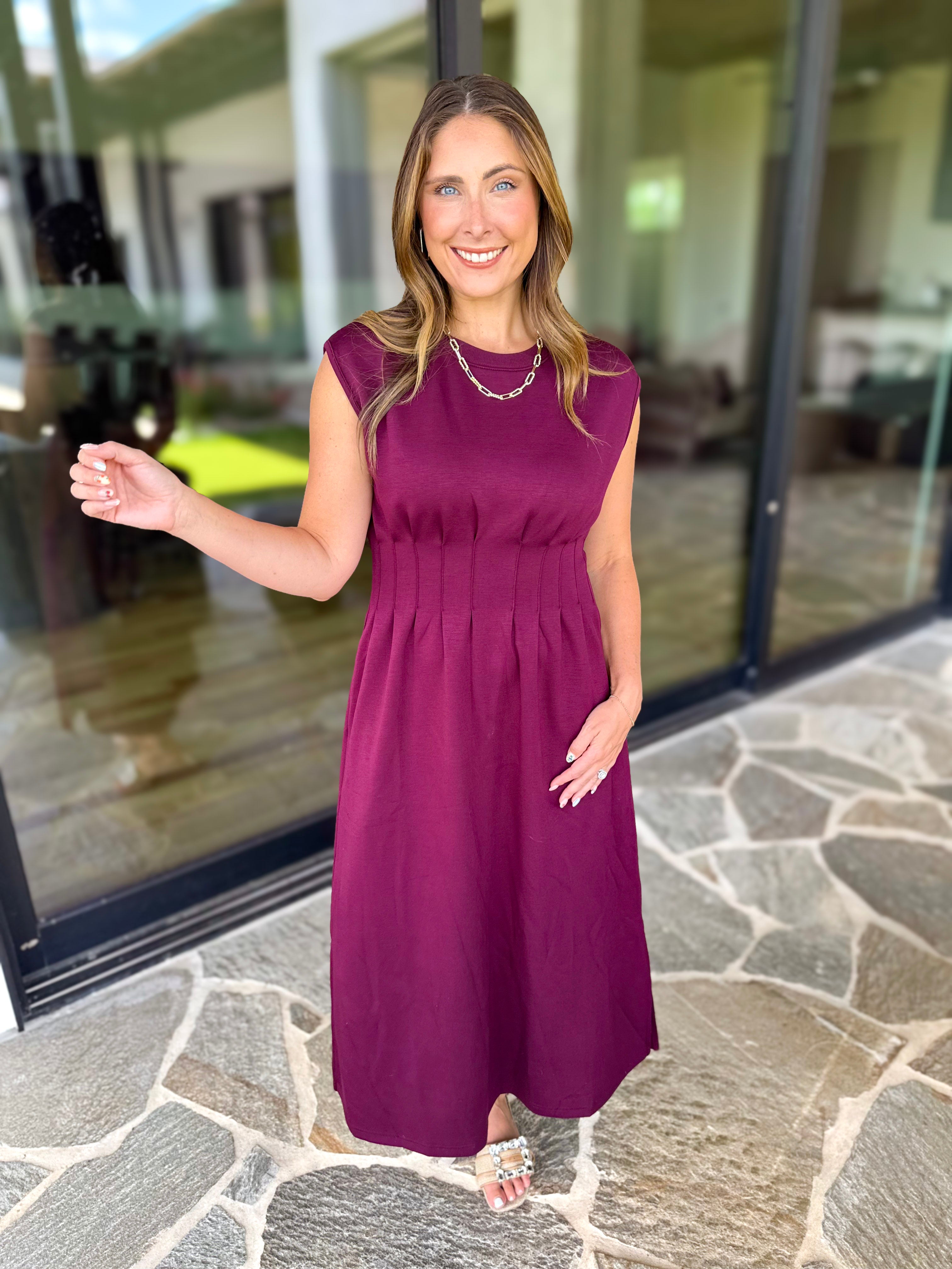 Polished Pin-Tuck Midi Dress - Burgundy-500 Midi-ENTRO-July & June Women's Fashion Boutique Located in San Antonio, Texas