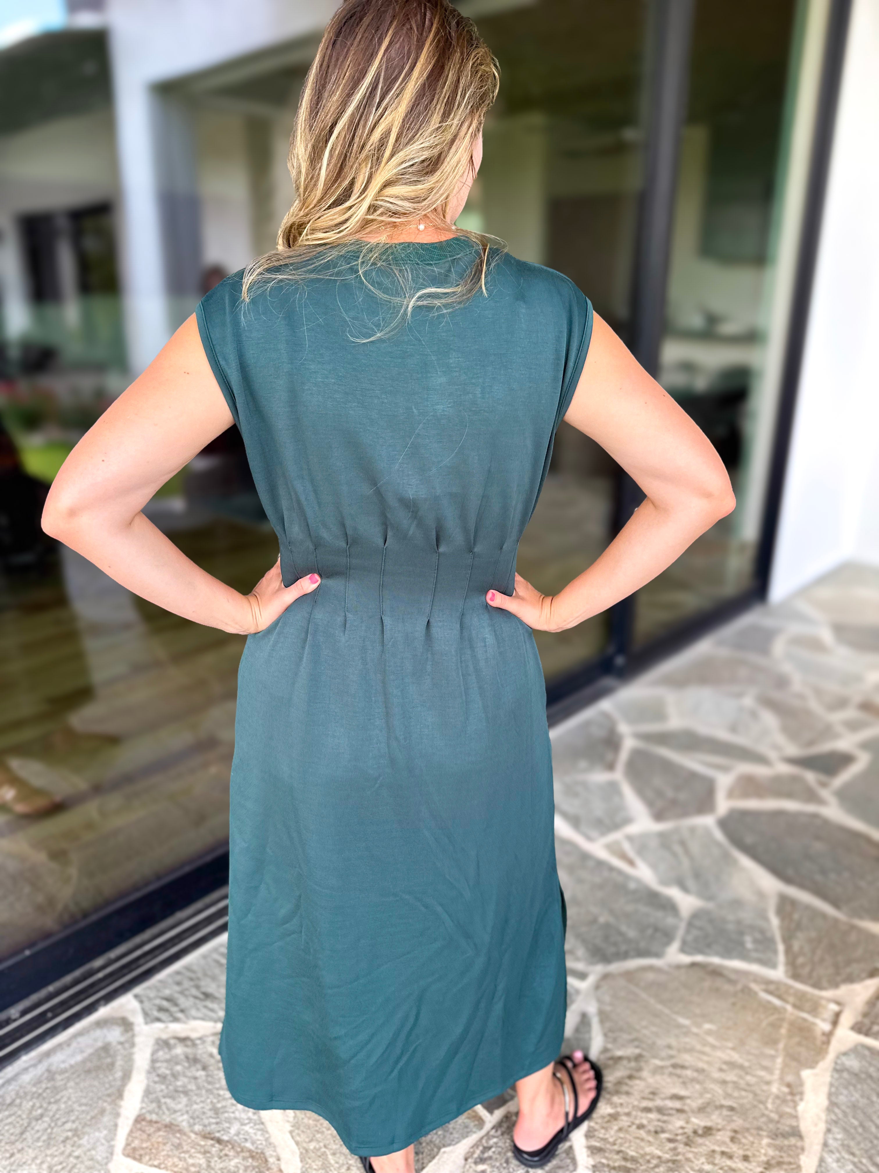 Polished Pin-Tuck Midi Dress - Pine Green-500 Midi-ENTRO-July & June Women's Fashion Boutique Located in San Antonio, Texas