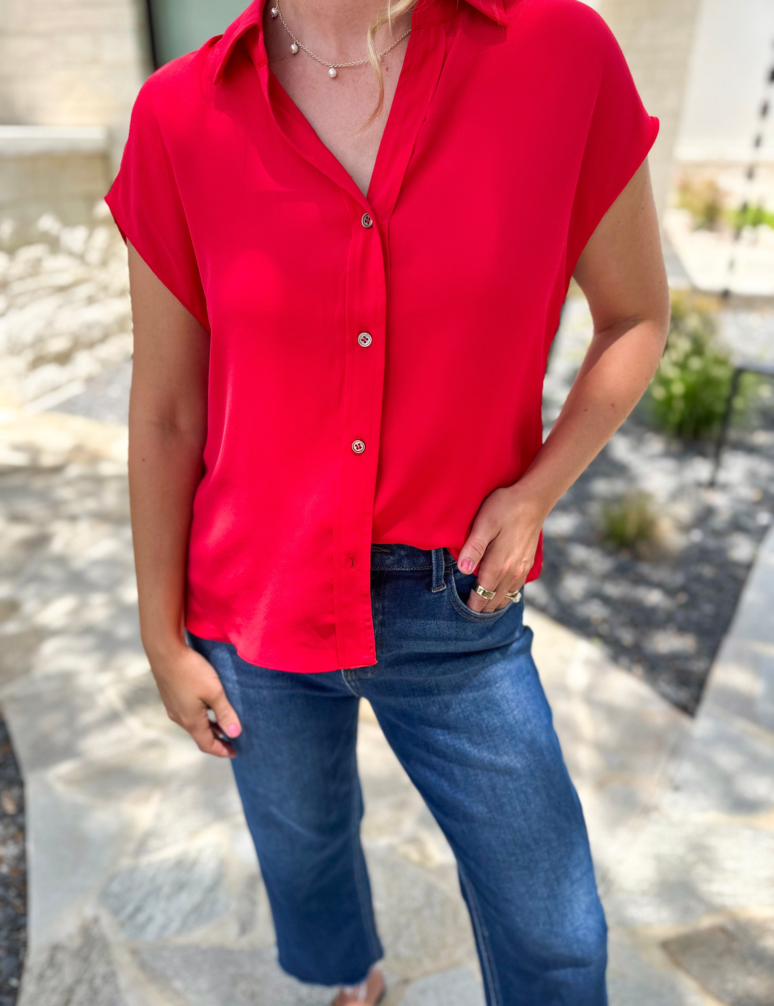 Current Air - Classic Button Down Blouse - Red-200 Fashion Blouses-CURRENT AIR CLOTHING-July & June Women's Fashion Boutique Located in San Antonio, Texas