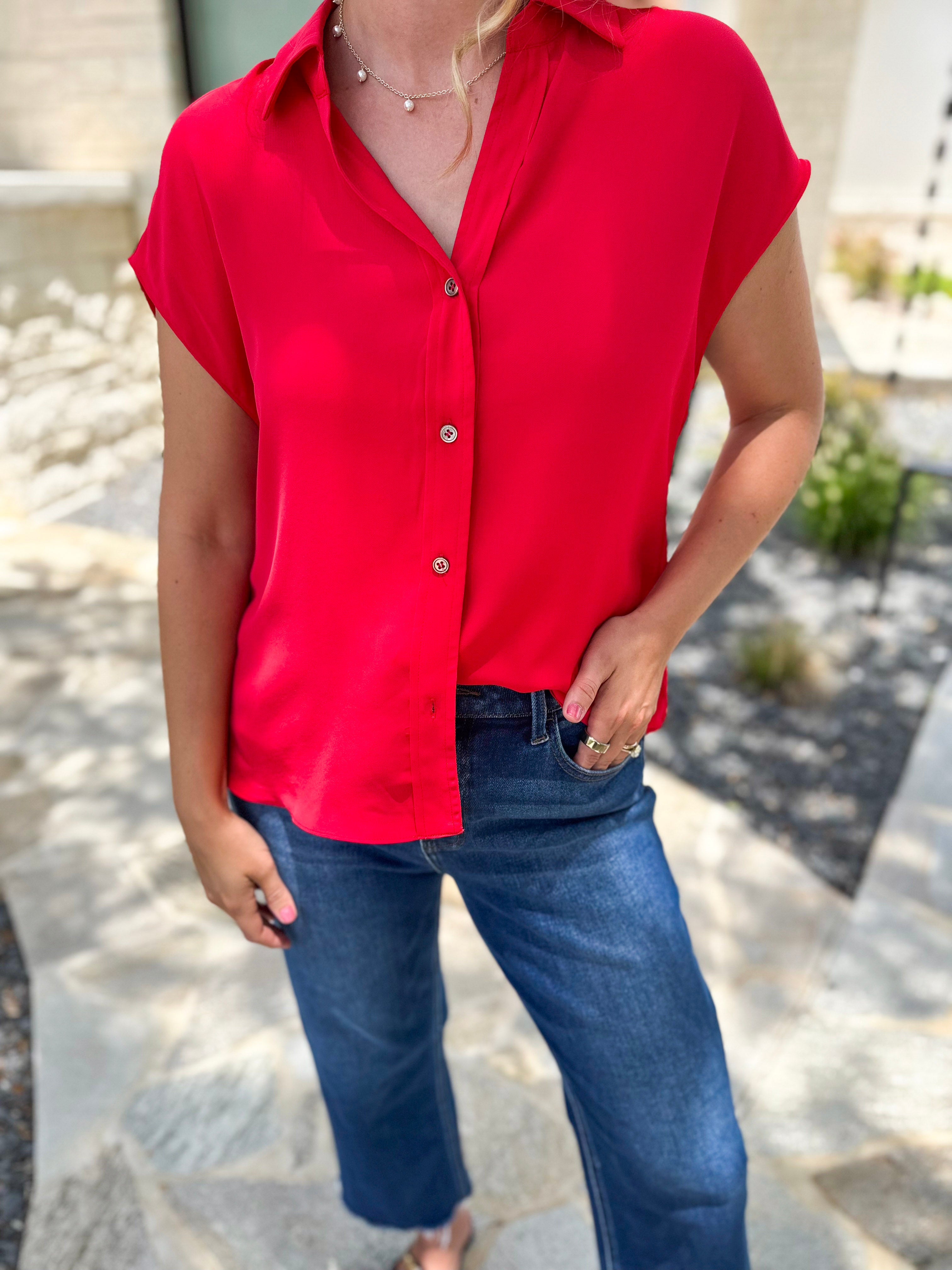 Current Air - Classic Button Down Blouse - Red-200 Fashion Blouses-CURRENT AIR CLOTHING-July & June Women's Fashion Boutique Located in San Antonio, Texas