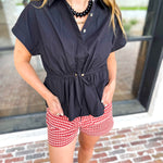 Cinch Waist Blouse - Black-200 Fashion Blouses-ENTRO-July & June Women's Fashion Boutique Located in San Antonio, Texas