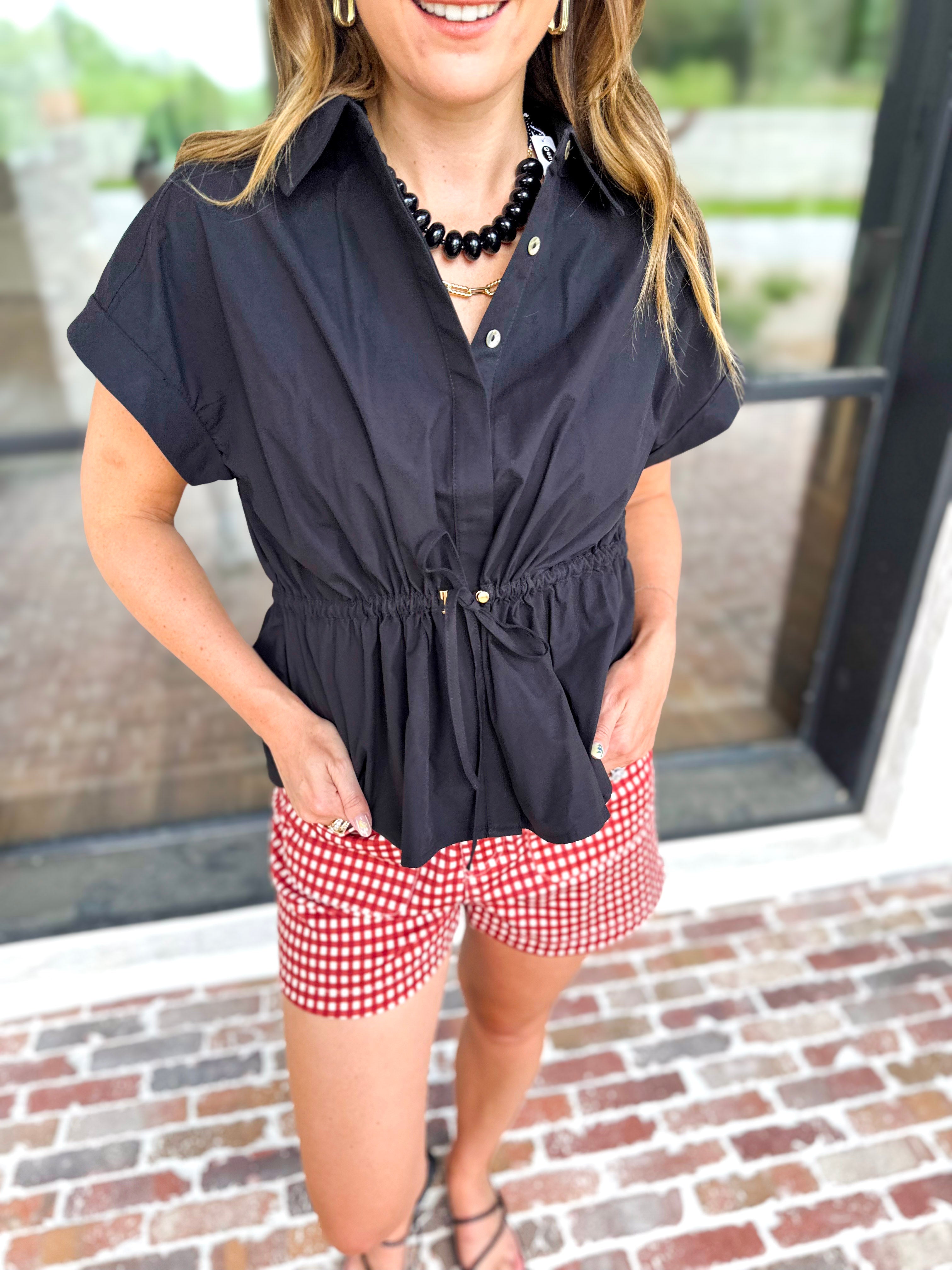 Cinch Waist Blouse - Black-200 Fashion Blouses-ENTRO-July & June Women's Fashion Boutique Located in San Antonio, Texas