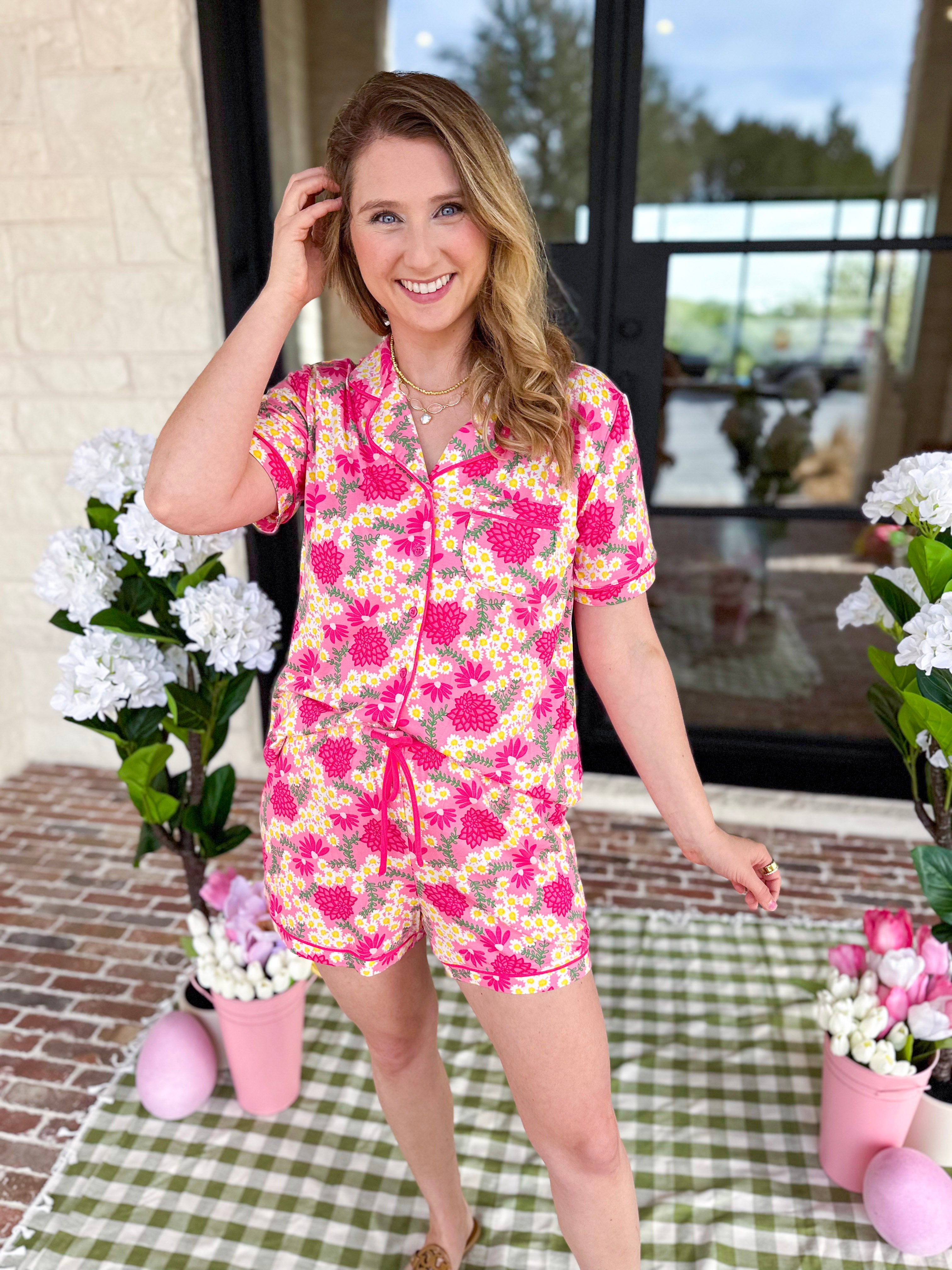 Mary Square - Charlotte Daisy Chain Pink PJs Short Set-300 Athleisure/Lounge-MARY SQUARE-July & June Women's Fashion Boutique Located in San Antonio, Texas