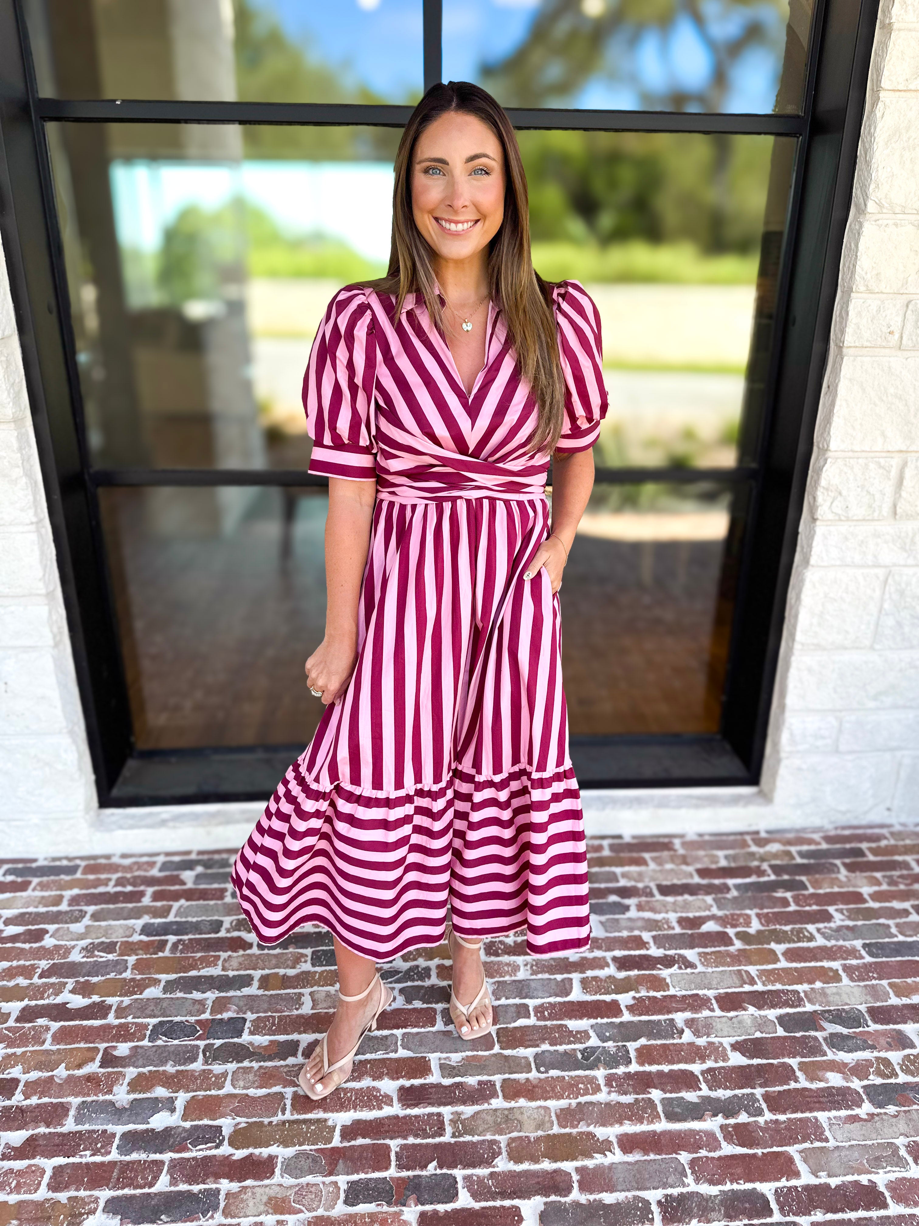 Color Drench Striped Midi Dress - Blushed Berry-500 Midi-ENTRO-July & June Women's Fashion Boutique Located in San Antonio, Texas