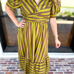 Color Drench Striped Midi Dress - Martini Olive-500 Midi-ENTRO-July & June Women's Fashion Boutique Located in San Antonio, Texas