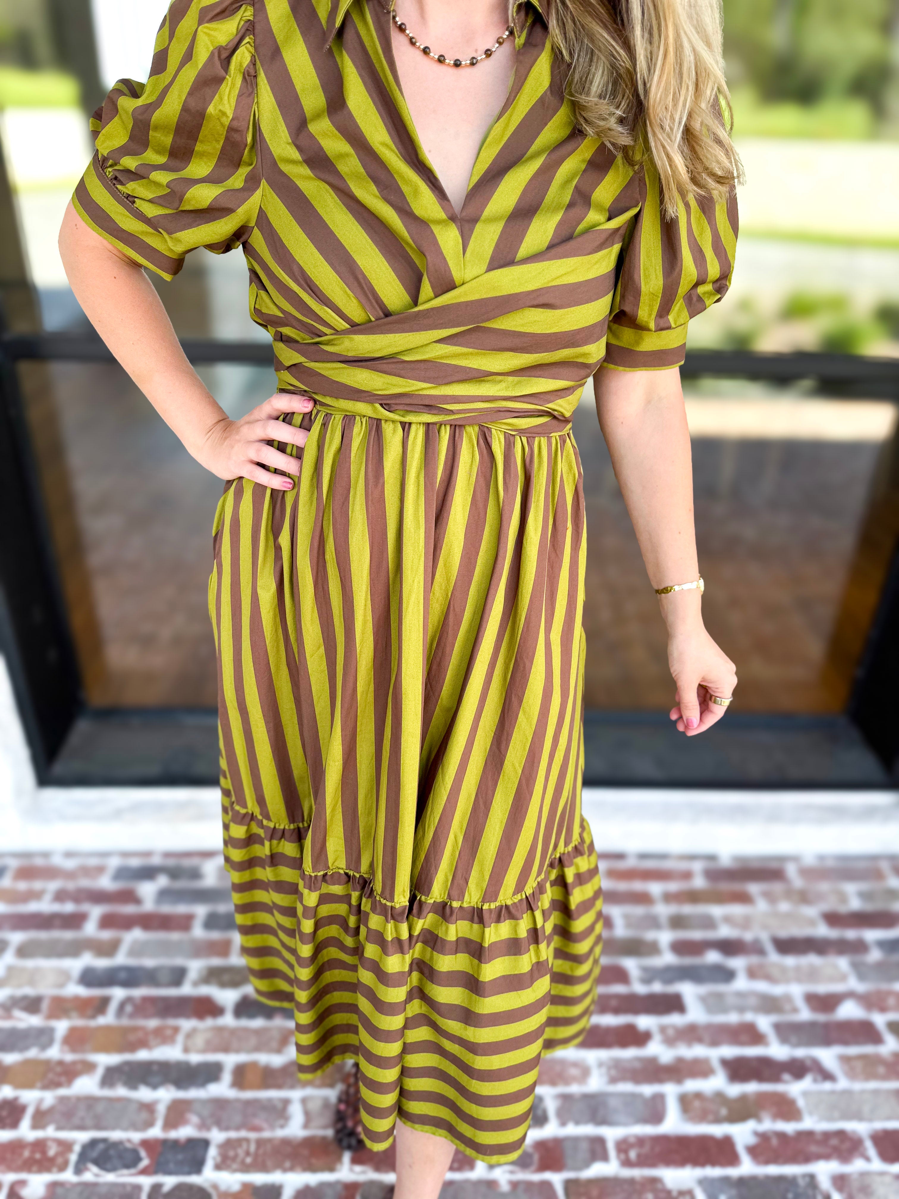 Color Drench Striped Midi Dress - Martini Olive-500 Midi-ENTRO-July & June Women's Fashion Boutique Located in San Antonio, Texas